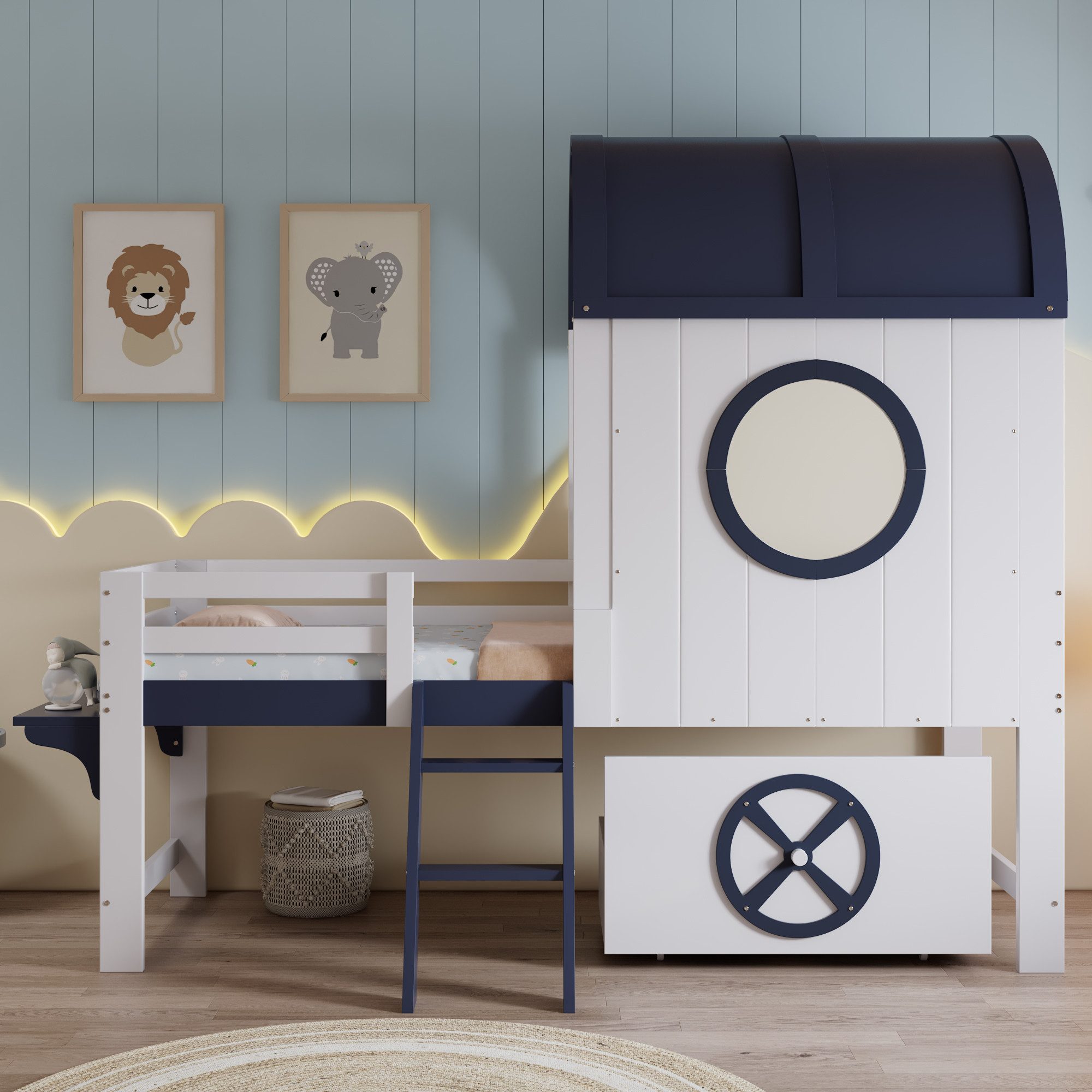 STILVORA Kinderbett 90x200 Etagenbett mit Schublade auf Rollen,Bettgestell mit Fenster (mit maritimem Dach & Fenster, praktische Schublade mit Rollen, zweistufige Schrägleiter, stabiler Kiefer-MDF-Rahmen, Halbhohes Etagenbett für Kinder, 90x200cm), ohne Matratze