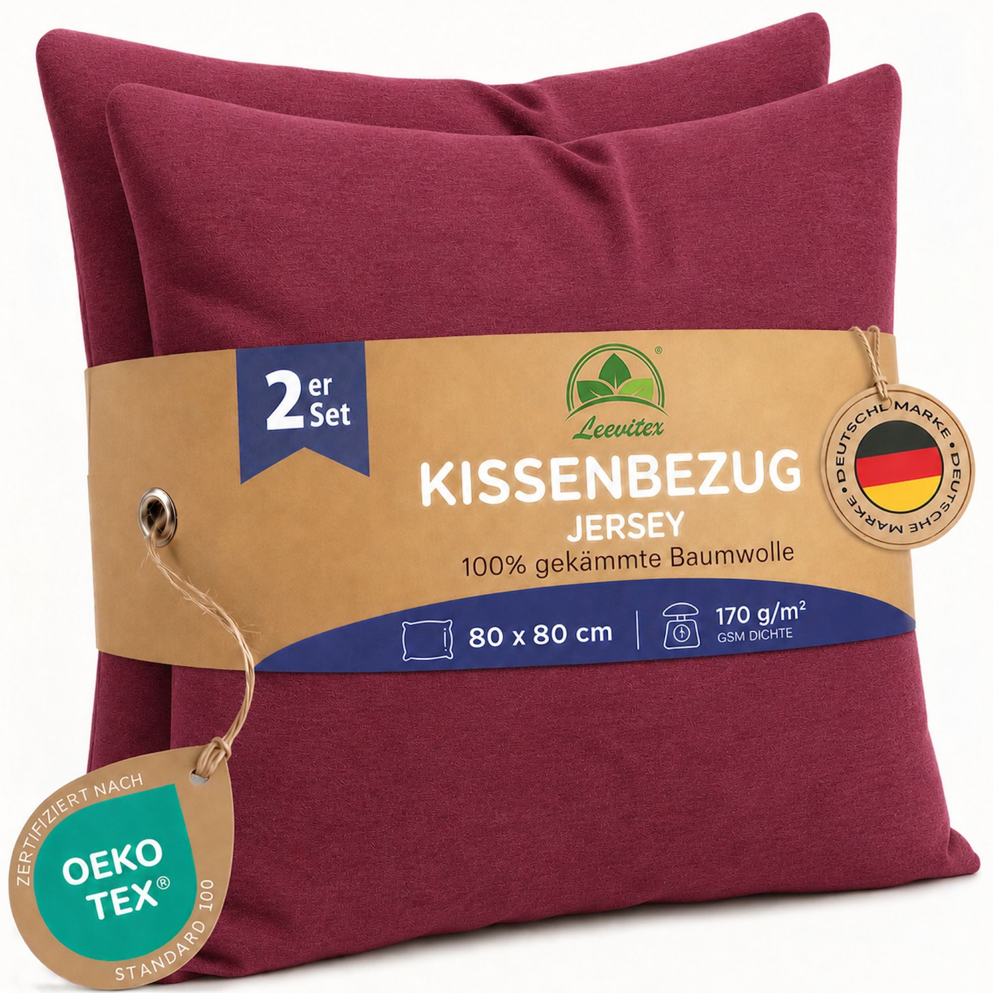 leevitex® Kissenbezüge Kissenbezug 80 x 80 cm, 2er Set, Weinrot/Bordeaux, (2 Stück), feine Jersey-Qualität, 100% Baumwolle, robuster Reißverschluss