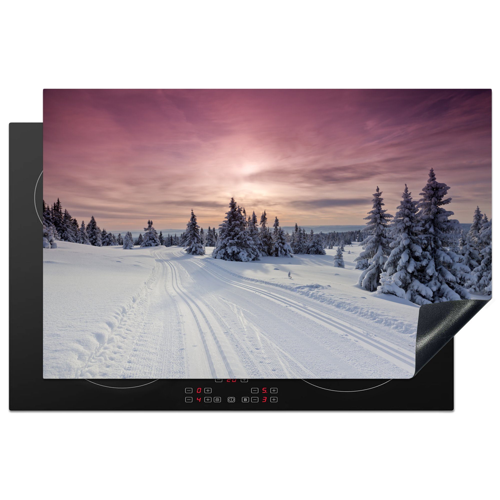 MuchoWow Herdblende-/Abdeckplatte Eine verschneite Winterlandschaft mit einem bunten Himmel in Norwegen, Vinyl, (1 tlg), 81x52 cm, Induktionskochfeld Schutz für die küche, Ceranfeldabdeckung