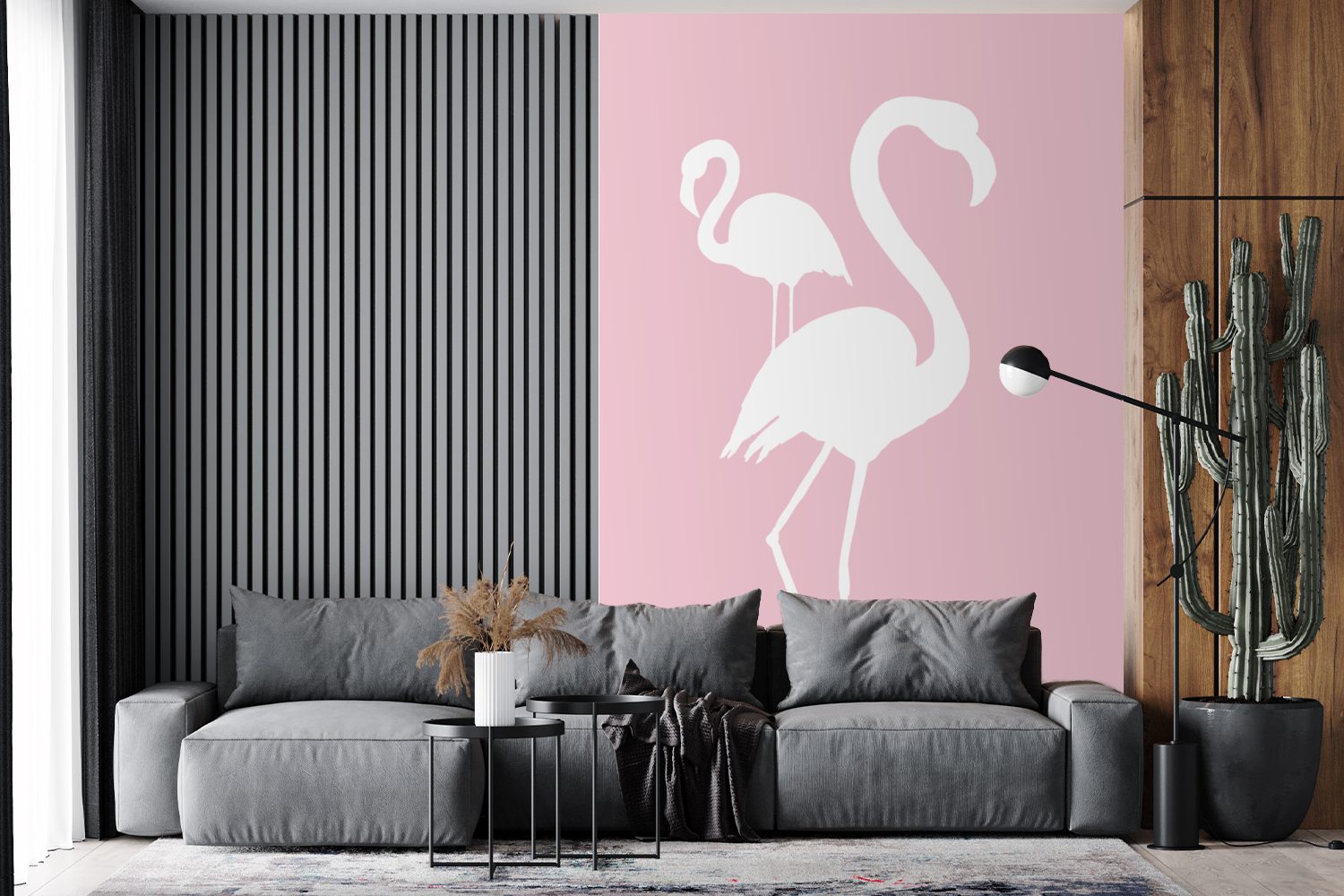 - Wohnzimmer, Fototapete für - Matt, Wandtapete Montagefertig Vinyl bedruckt, Rosa (3 Tapete MuchoWow St), Flamingo, Weiß