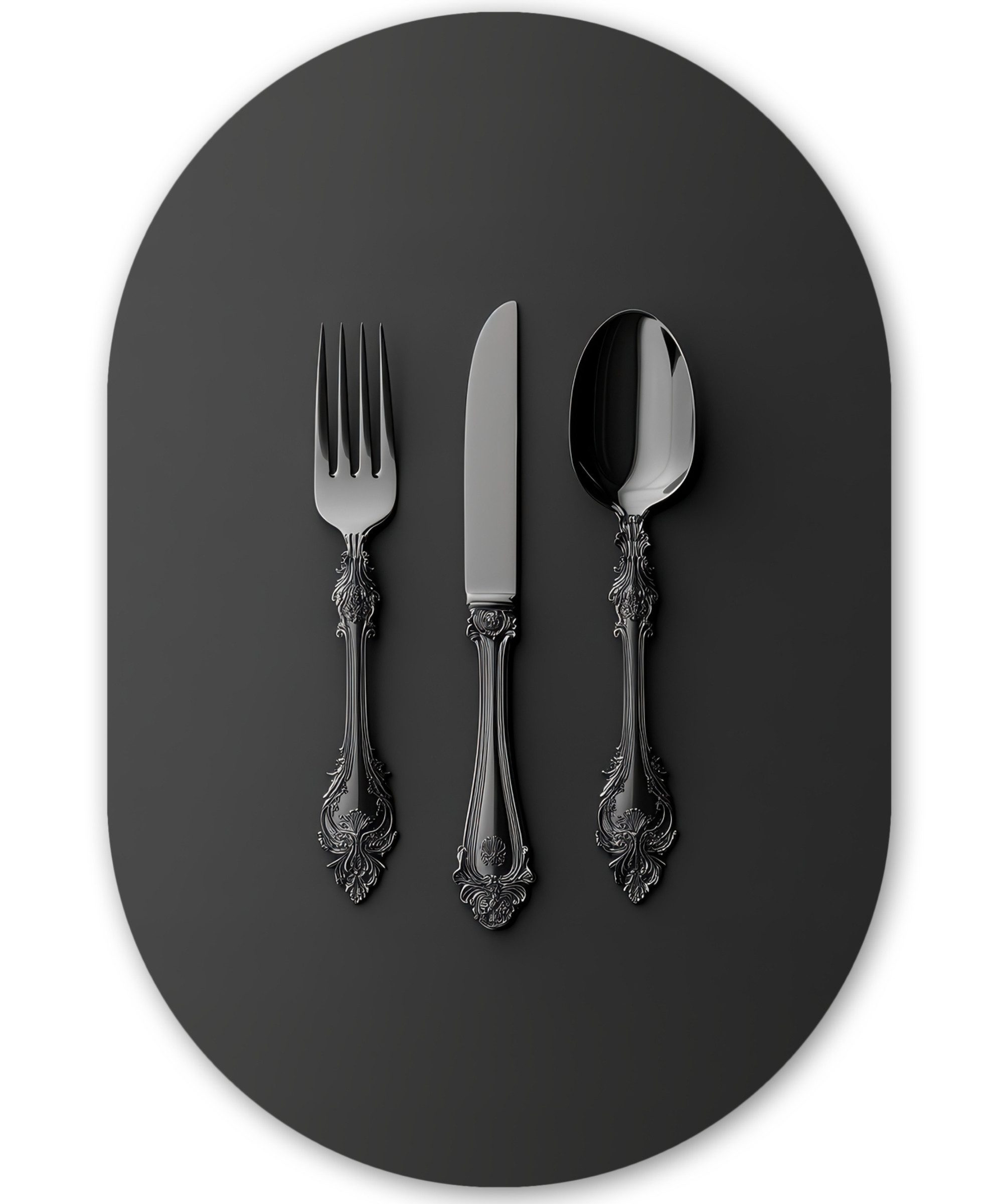 MuchoWow Gemälde Besteck - Schwarz, Fotodruck (1 St), Wandbild Oval, Wohnzimmer oder Schlafzimmer Wanddekoration, 40x60 cm