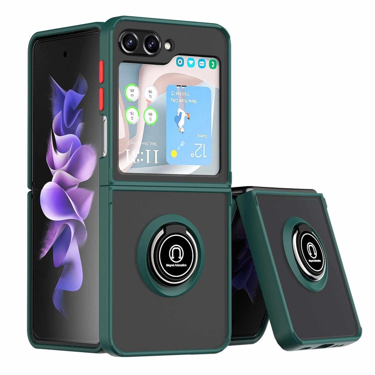 Wigento Handyhülle Für Samsung Galaxy Z Flip5 5G Ring Magnet Handy Hülle Dunkel Grün Case