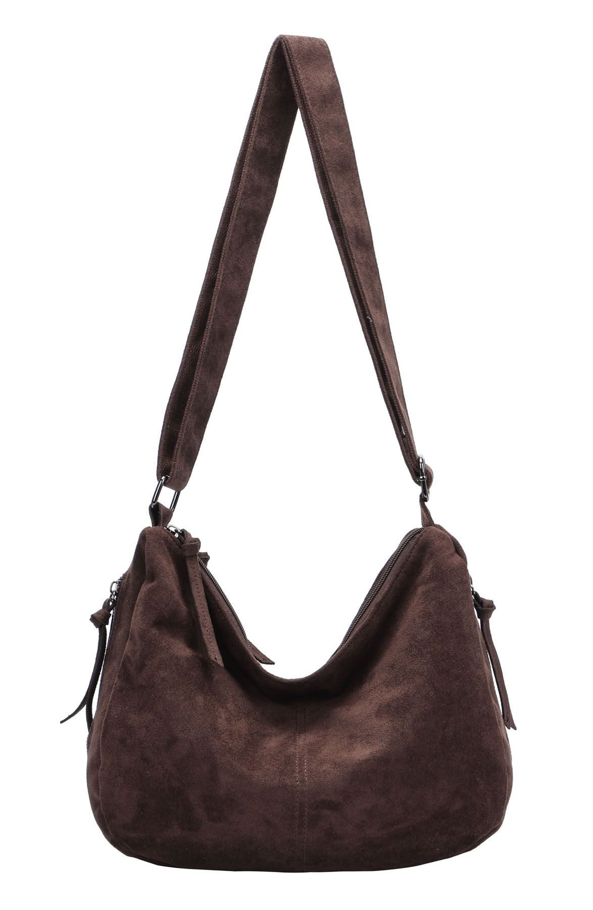 ITALYSHOP24 Schultertasche Damen Tasche Crossbody Shopper Umhängetasche BodyBag Samt Freizeit Bag, 2xFach Fächer Henkeltasche Wildleder-Optik Hobo Bag Beutel City Bag