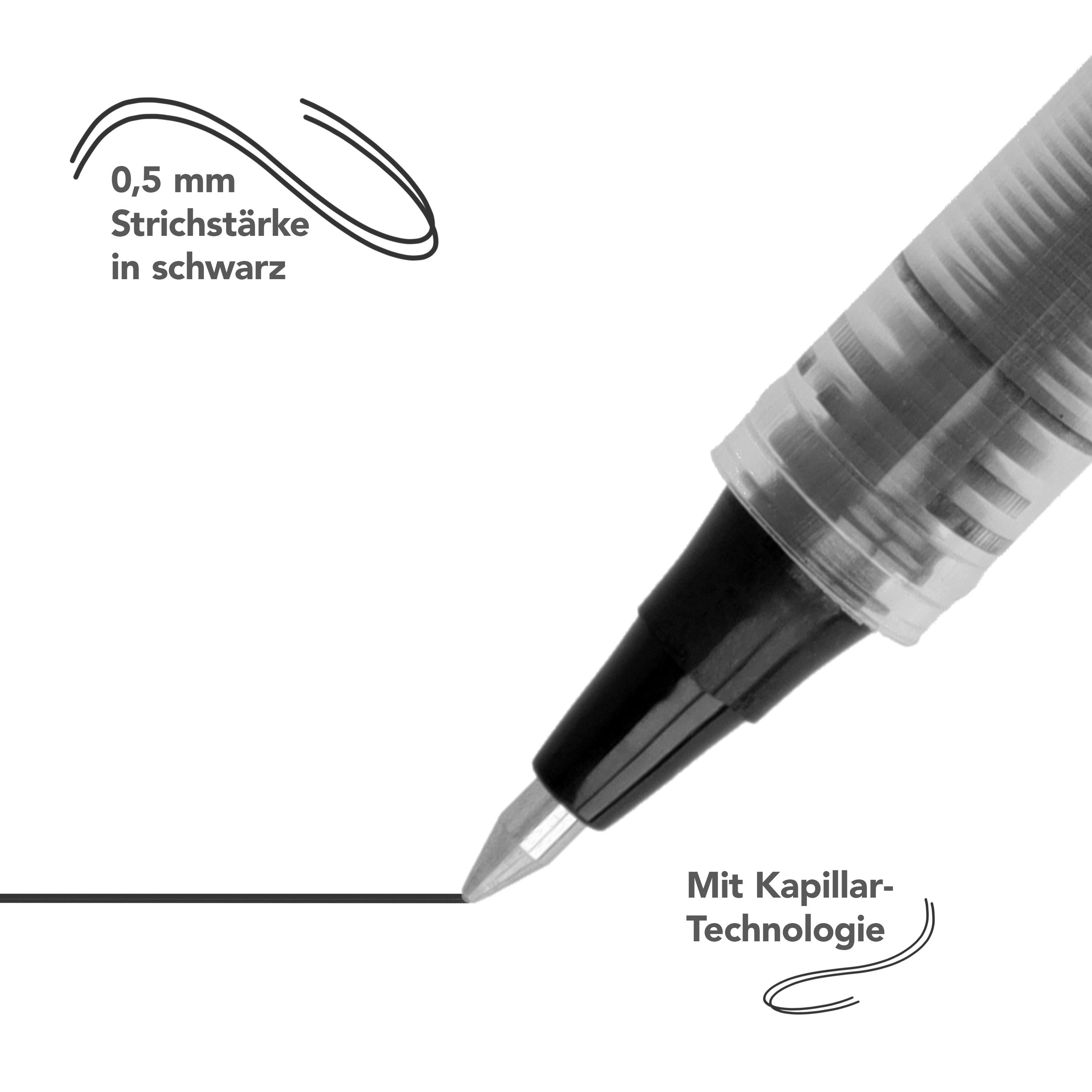 WESTCOTT Tintenroller Schwarz10 Stück, Rollerball Pen schwarze Tinte, 0,5 mm Strichstärke, (Vorteilspack, 10-tlg), transp. Füllstandsanzeige, Kapillartechnologie, ergonomischer Griff