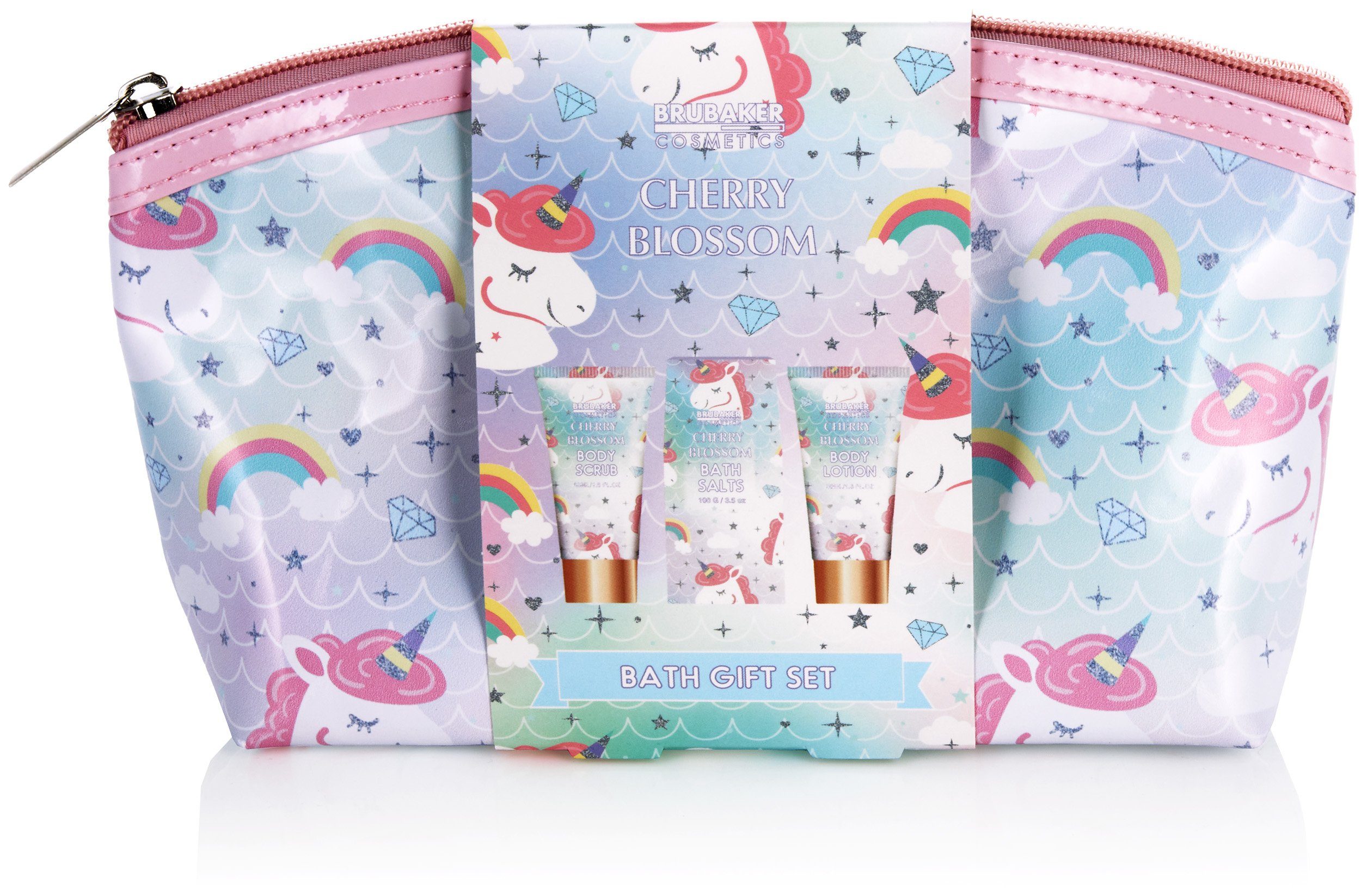 BRUBAKER Pflege-Geschenkset Dusch- und Badeset mit Einhörner mit Kirschblüten Duft, Pflegeset, 4-tlg., Einhorn Geschenkset in Kosmetiktasche für Frauen, Wellness Set