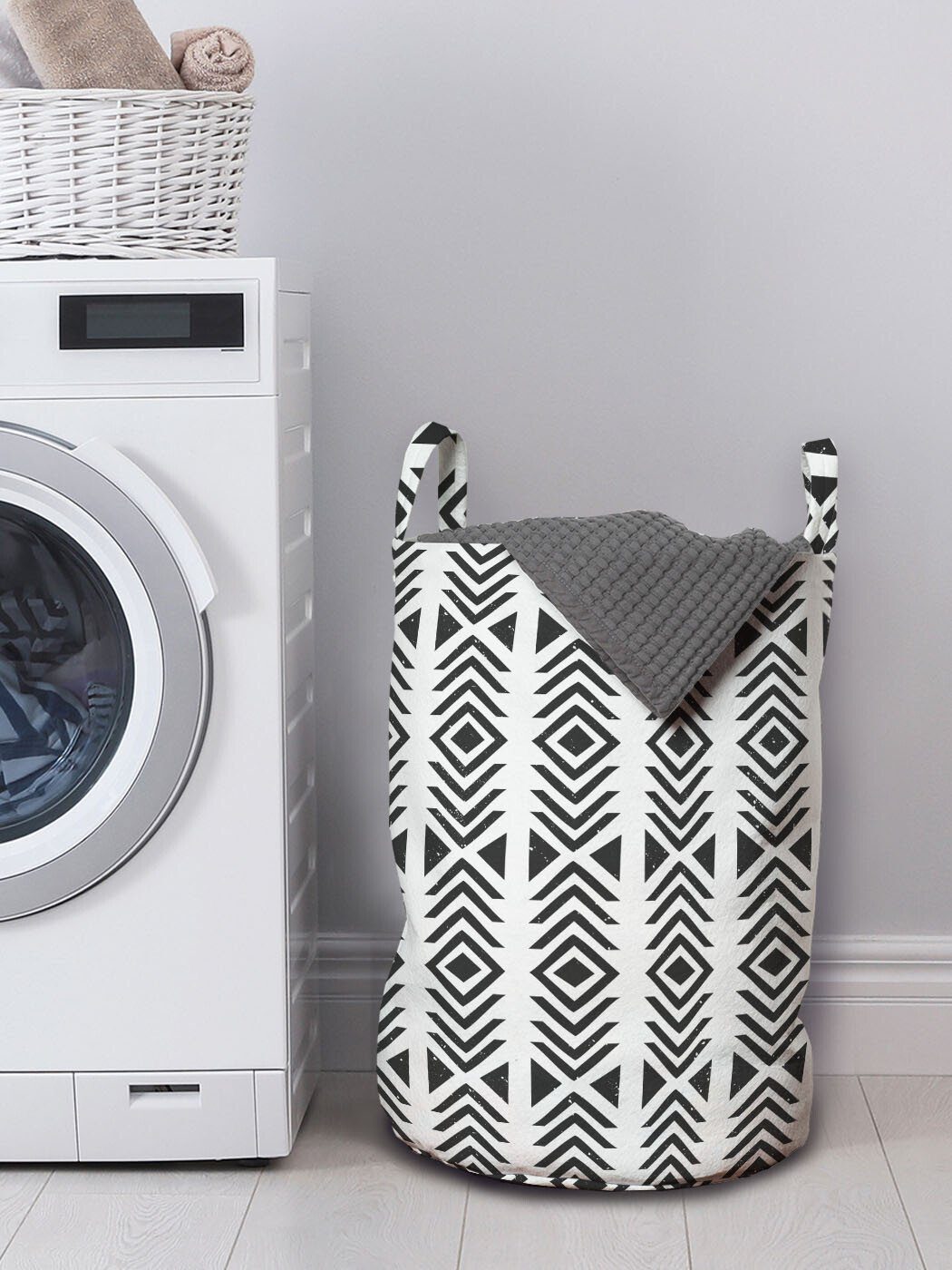 Wäschesäckchen für Kordelzugverschluss Wäschekorb Griffen Abstrakt Geometrische Grunge mit Waschsalons, Motive Abakuhaus