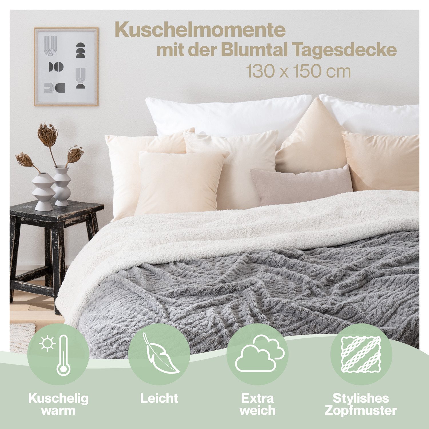 Wohndecke Oeko-TEX zertifizierte waschbare Wohn- & Kuscheldecke, Blumtal, mit weicher Sherpa-Innenseite