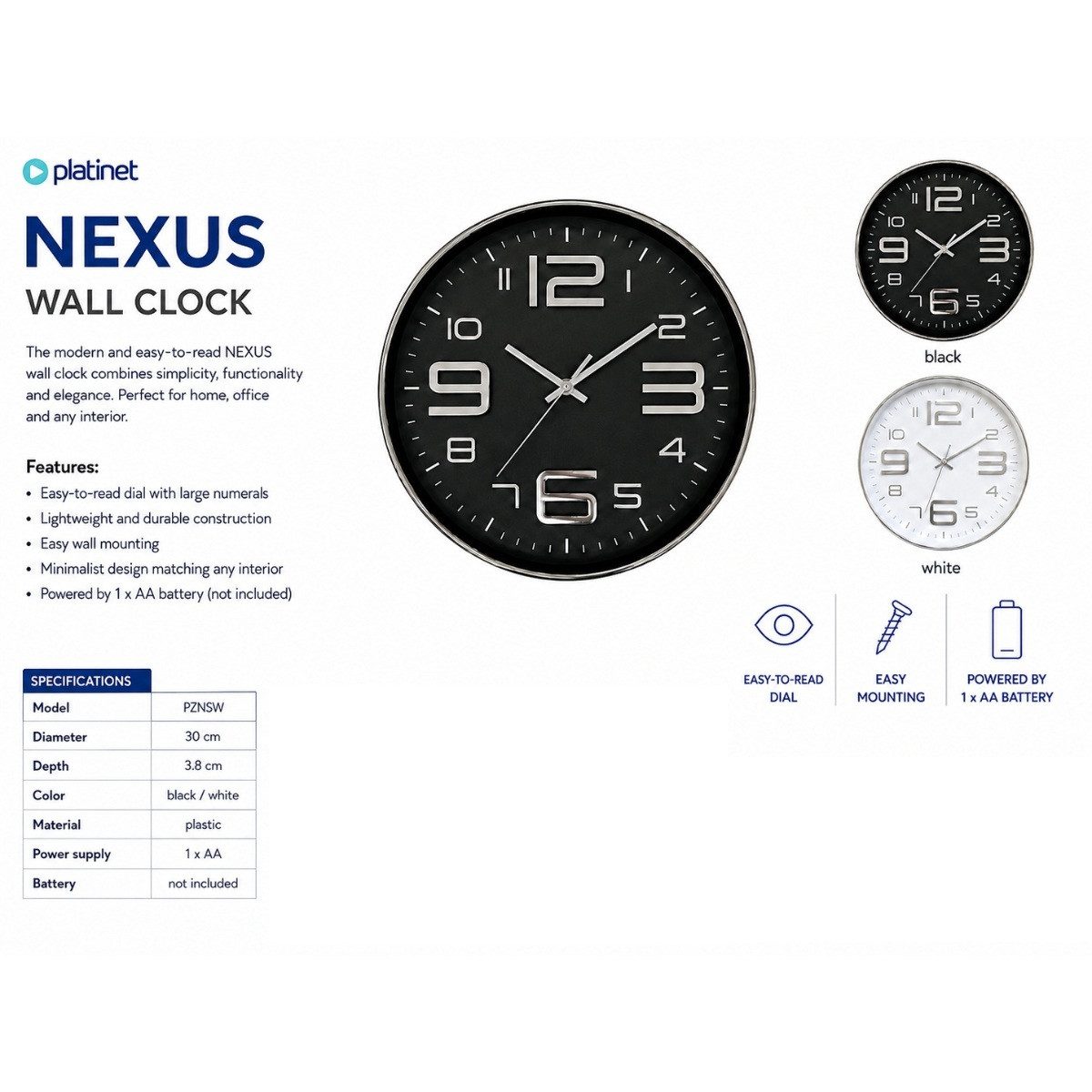 Platinet Wanduhr PZNS (Große 3D-Ziffern mit moderner Metallic-Optik) – Bild 2 von 2