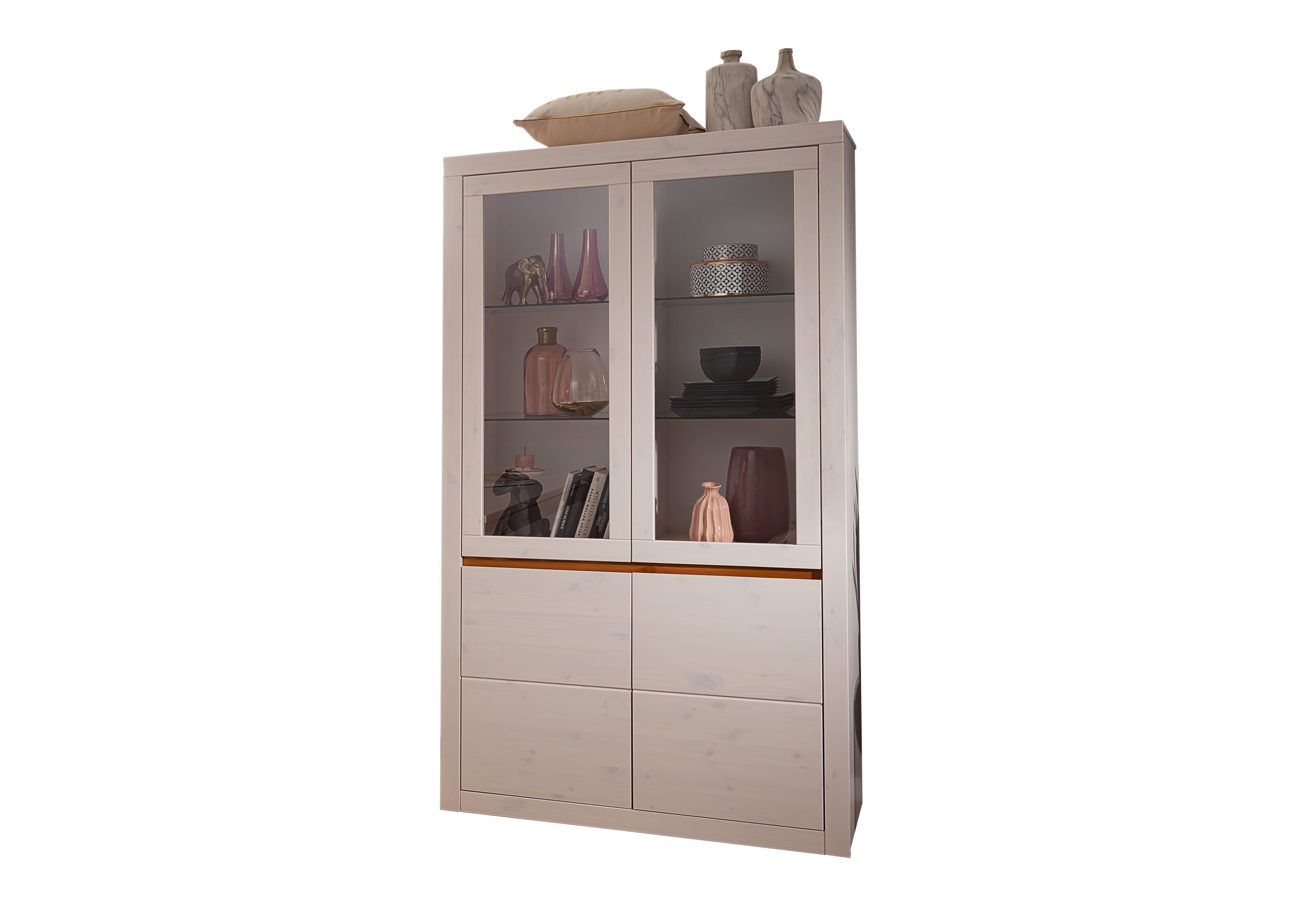 Woodroom Vitrine Weimar (Kiefer massiv weiß gewachst) Standvitrine, Wohnzimmerschrank, Schrank mit Glastür