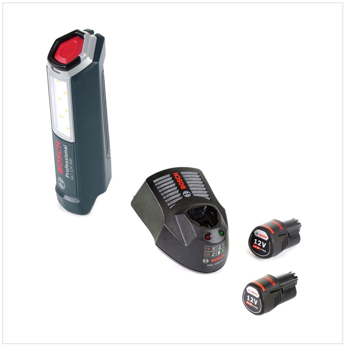 Bosch Professional Baustrahler Professional GLI 12V-300 Akku Lampe + 2x GBA 12 V 3,0 Ah Akku + GAL 1
