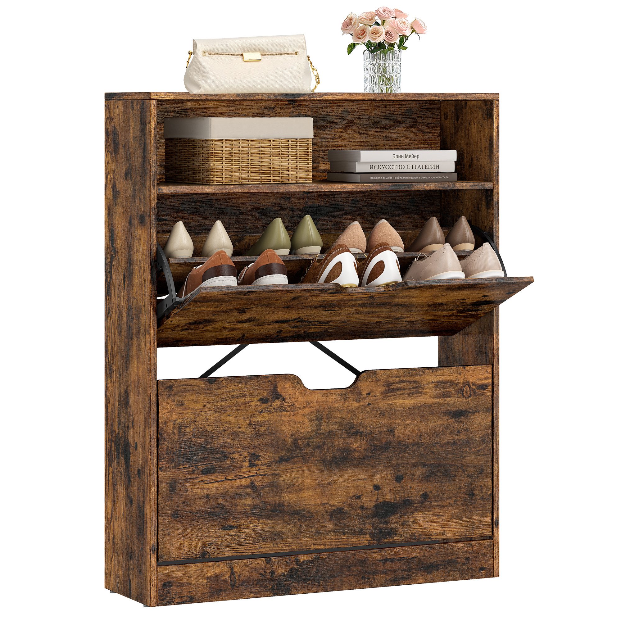 VASAGLE Schuhschrank Schuhkipper, 2 oder 3 Klappen, Trennwände verstellbar 24 x 80 x 102 cm, Schuhaufbewahrung, offenes Fach, Trennwand