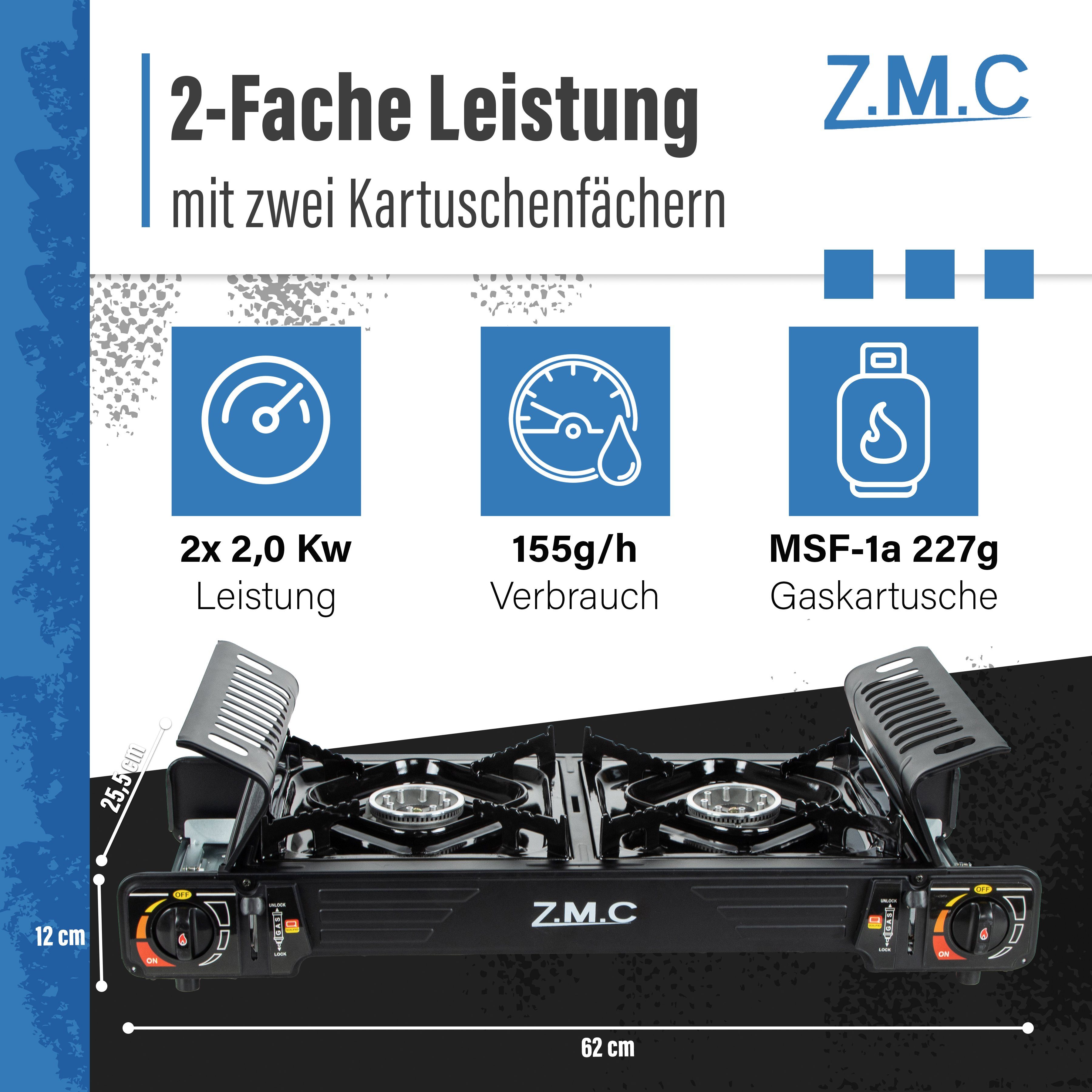 ZMC Gaskocher PREMIUM Piezozündung Butan Kochfeld 4x 227g Outdoor Outdoor Butangas Gas Wärmeleistung: mit Gaskocher Gasherd Camping Gas 2,0KW), (Doppel Campingkocher Gaskartuschen, 2 Kocher Kartuschenkocher + Herd Flammig Gaskocher