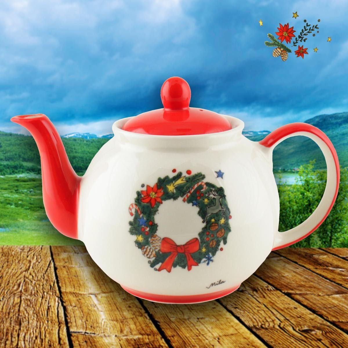 Teekanne Weihnachtskranz ca. l, 1,2 Keramik-Teekanne Mila 1,2 Mila Liter, (Set)