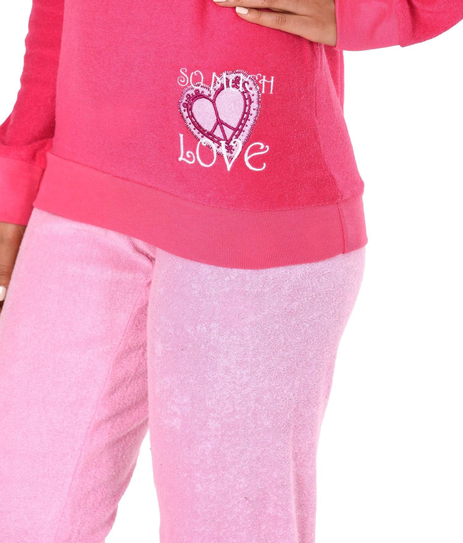 Normann Pyjama Damen Frottee Pyjama langarm Schlafanzug mit Bündchen und Herz Motiv – Bild 2 von 4