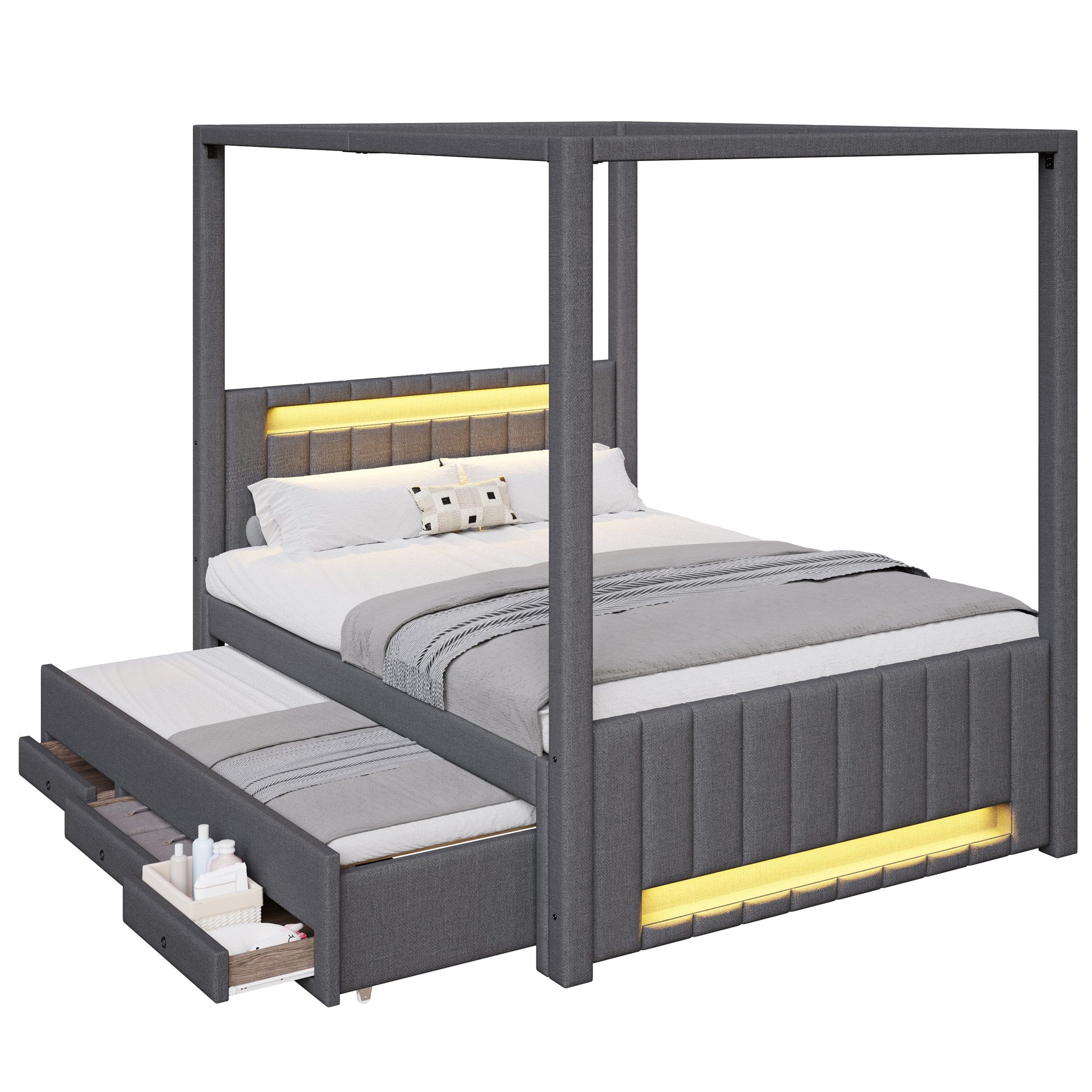 OKWISH Himmelbett mit LED-Lichtern (Ausziehbett und 3 Schubladen für zusätzliche Aufbewahrung, 1-tlg., 211.8 x 141.5 x 186)