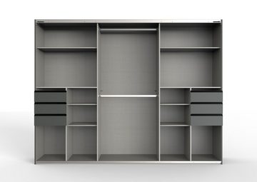 möbelando Schwebetürenschrank Susanetta Moderner Schwebetürenschrank aus Spanplatte in Graphit, Glas in Schwarz mit 3 Schwebetüren, 6 Schubkästen, 6 Ablageböden und 2 Kleiderstangen. Breite 270 cm, Höhe 210 cm, Tiefe 64 cm, Made in Germany