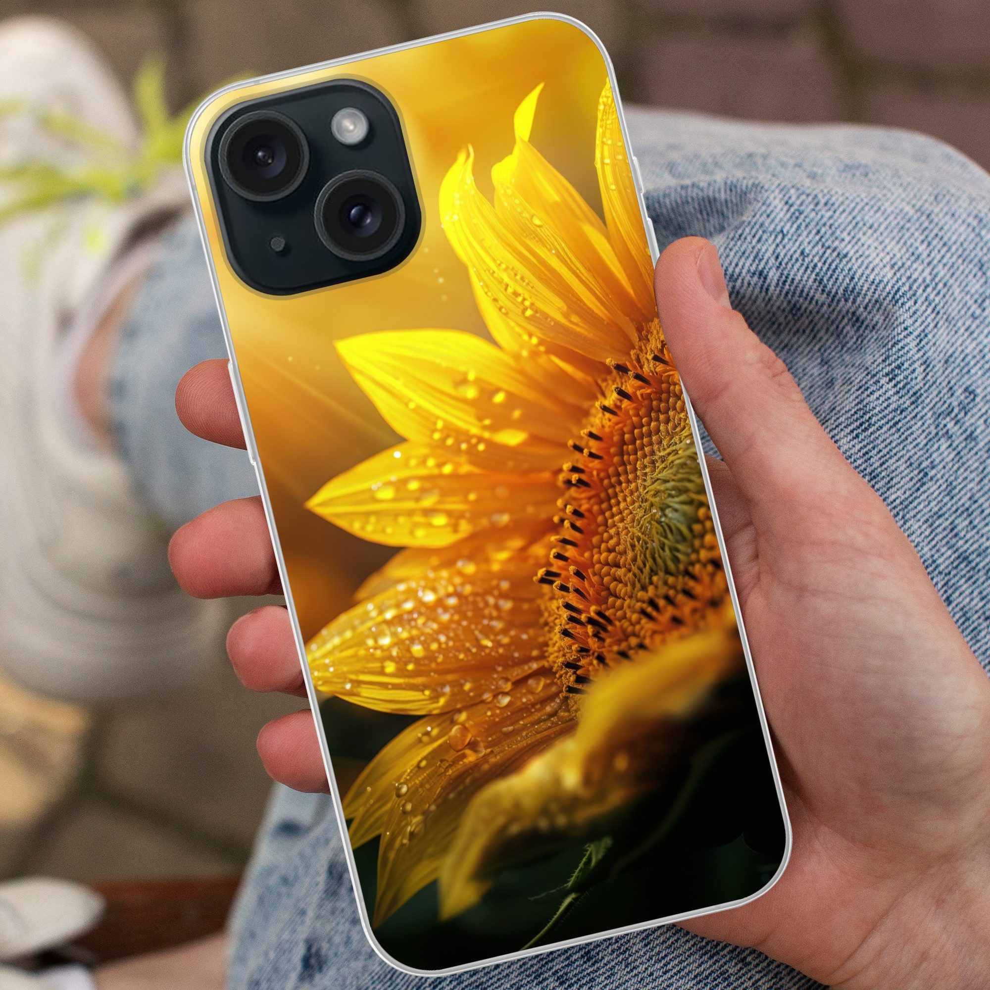 MuchoWow Handyhülle für Apple iPhone 15 Sonnenblume - Tautropfen - Gelb - Sonnenlicht, Smartphone-Bumper, Print, Handy Schutzhülle Dünn