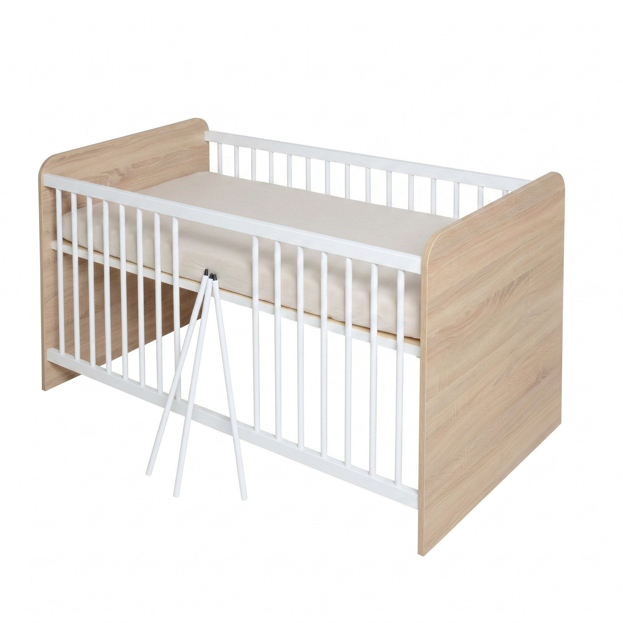 bv-vertrieb Kinderbett Babybett Eiche Sonoma weiss Dekor Kinderbett 78 x 82 x 143 #2728, Lattenrost 3-fach verstellbar