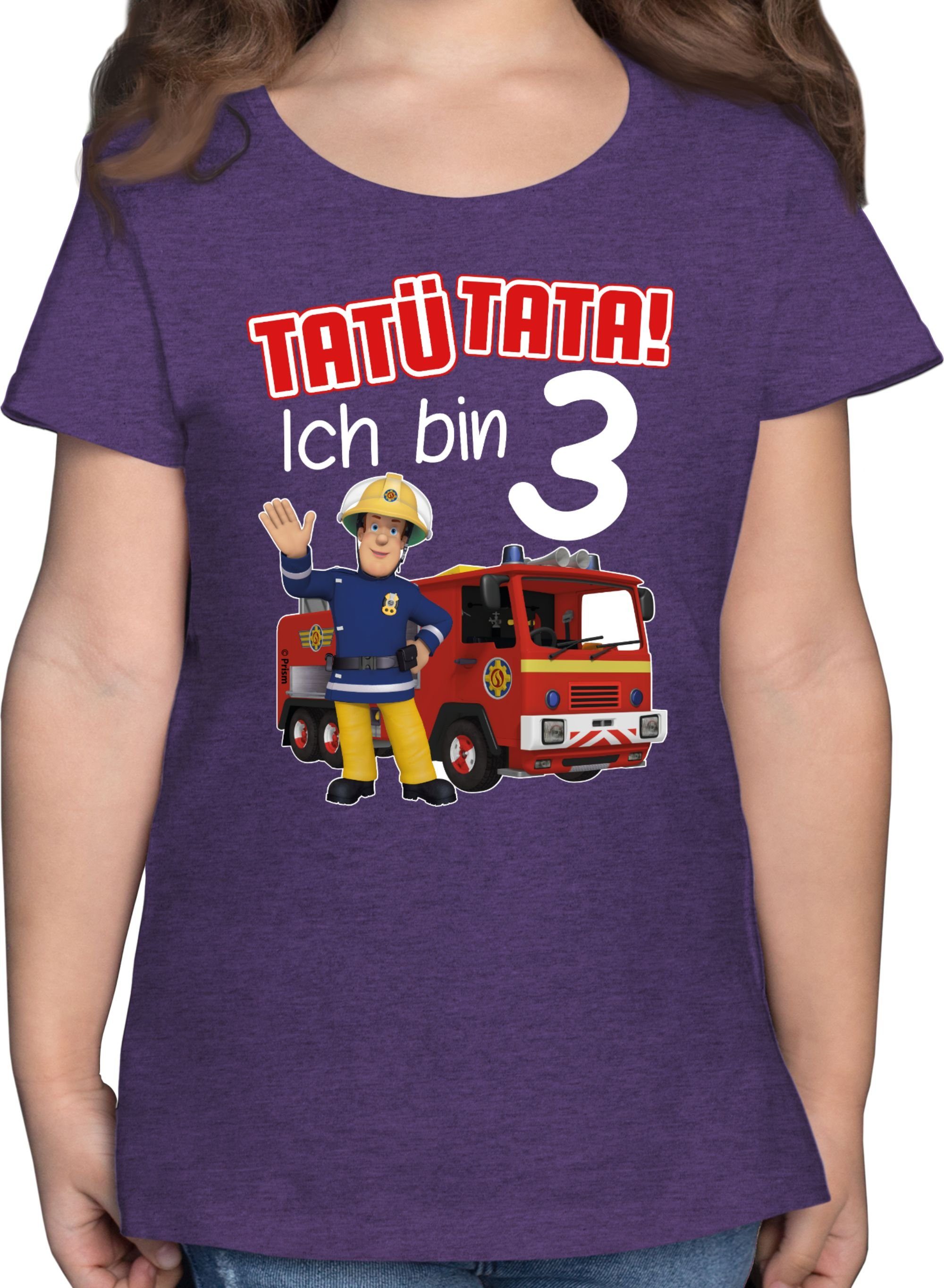 Shirtracer T-Shirt Tatü Tata! Ich bin 3 Geburtstag Feuerwehrmann Sam Mädchen 2 Lila Meliert