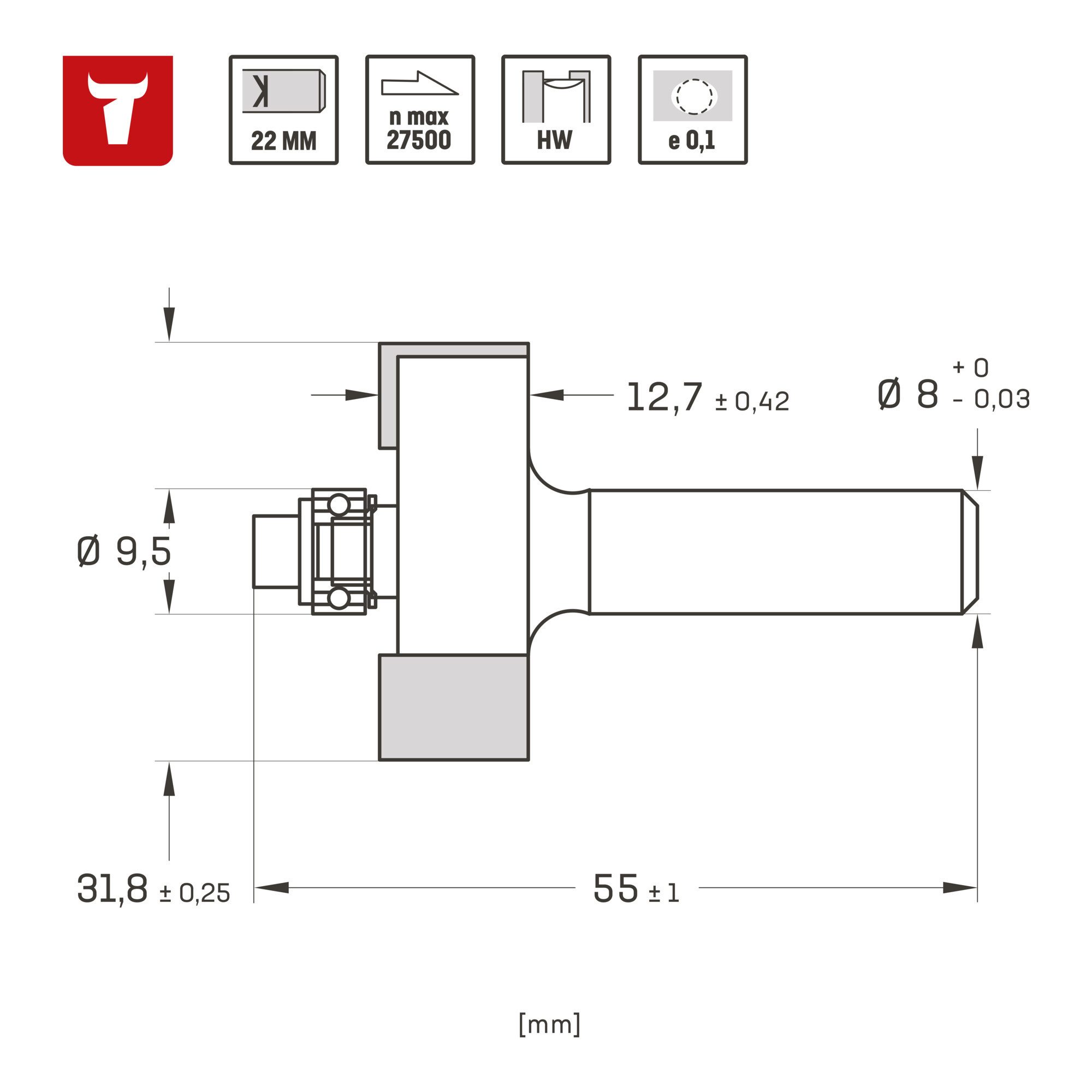 Stier Abrundfräser STIER Falzfräser D32 x L12,7 x S8 mm HM (HW)