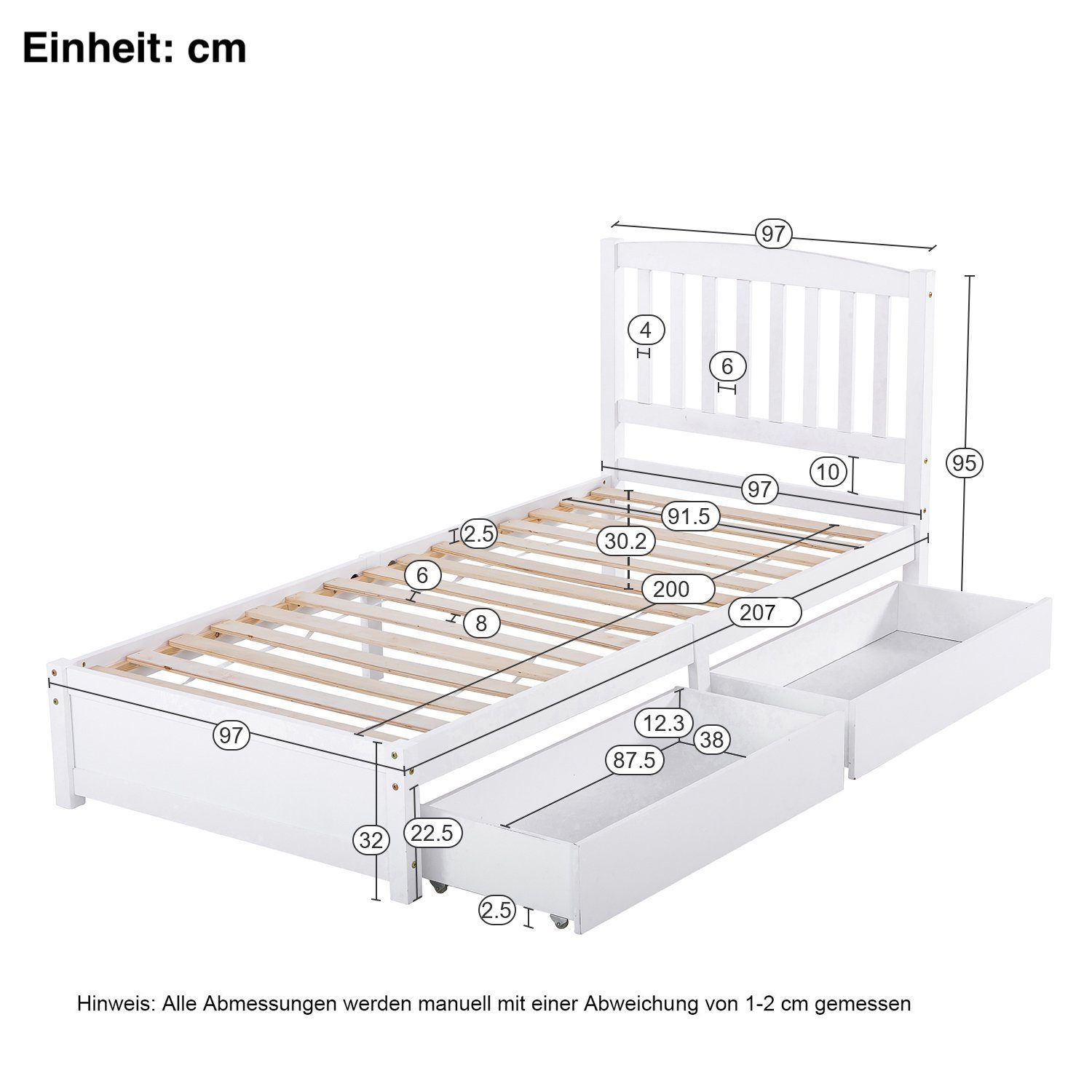 aus (90x200 Kieferholz SOFTWEARY Einzelbett Lattenrost Holzbett weiß Schubladen Kopfteil, Massivholzbett und inkl. 2 mit cm),