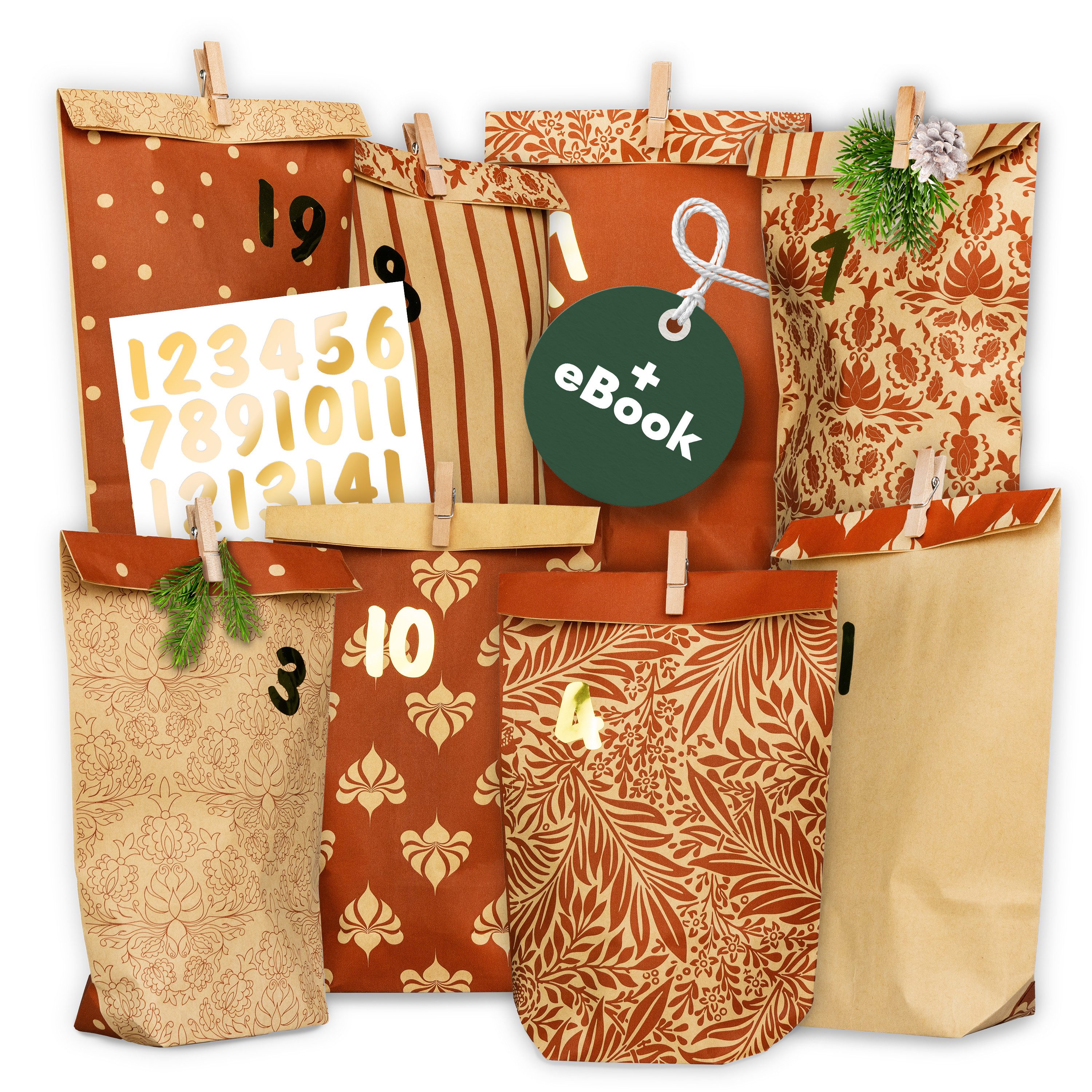 Amari befüllbarer Adventskalender Adventskalender zum Befüllen 2026, 24 Papiertüten 14×22 cm mit Zahlen (DIY Set, 72-tlg), Designs für Kinder & Erwachsene, wiederverwendbar, Ideen zum Befüllen