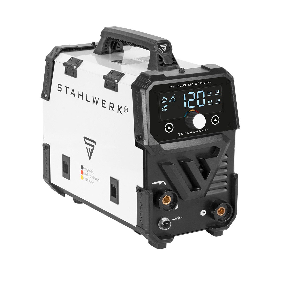 STAHLWERK Fülldrahtschweißgerät Schweißgerät Mini FLUX 120 ST Digital mit 120 A Vollausstattung, 20 - 120 A, Packung, 1-tlg., Vollausstattung, mit synergischem Drahtvorschub