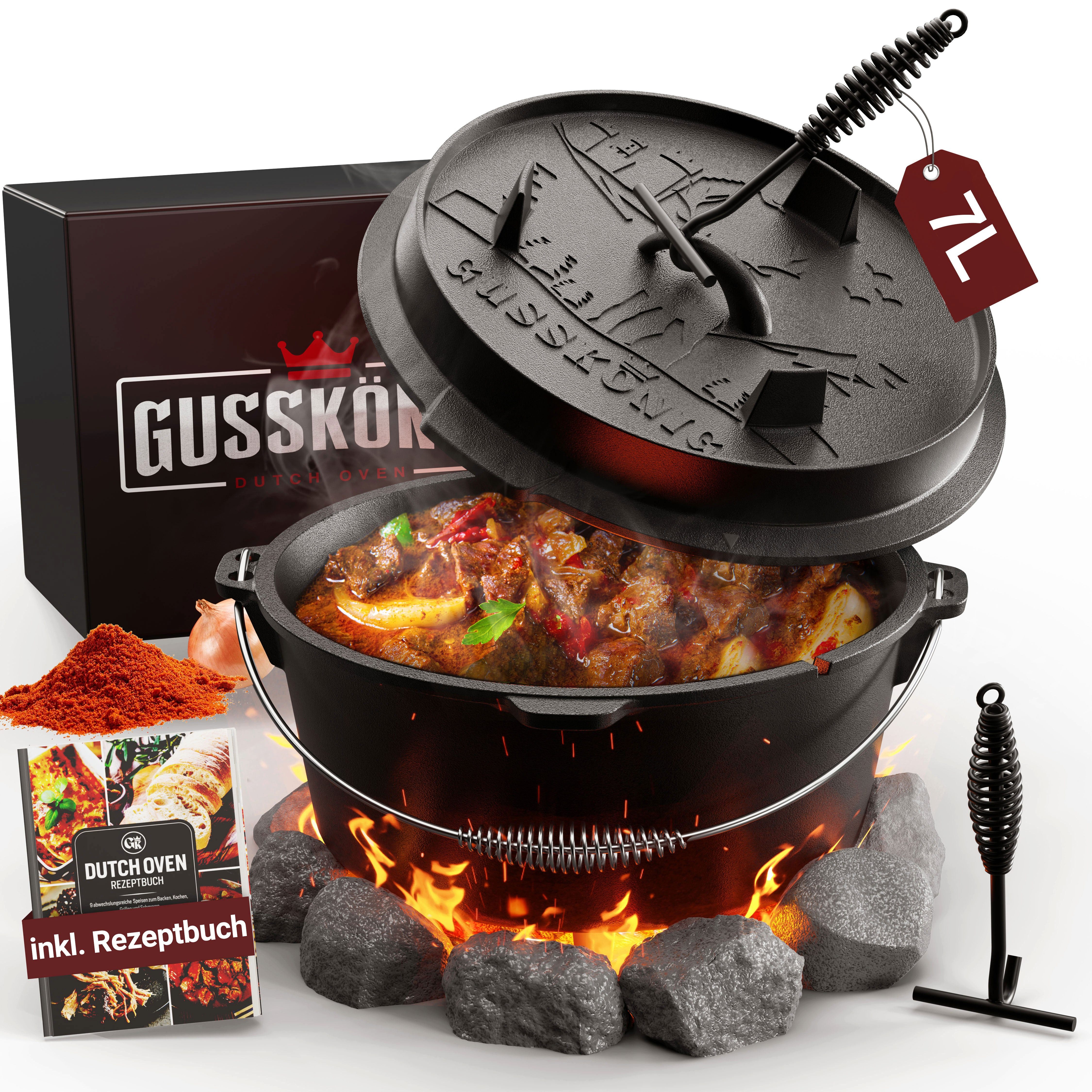 GUSSKÖNIG Grilltopf GUSSKÖNIG Dutch Oven 7 Liter mit Füßen und Deckelheber