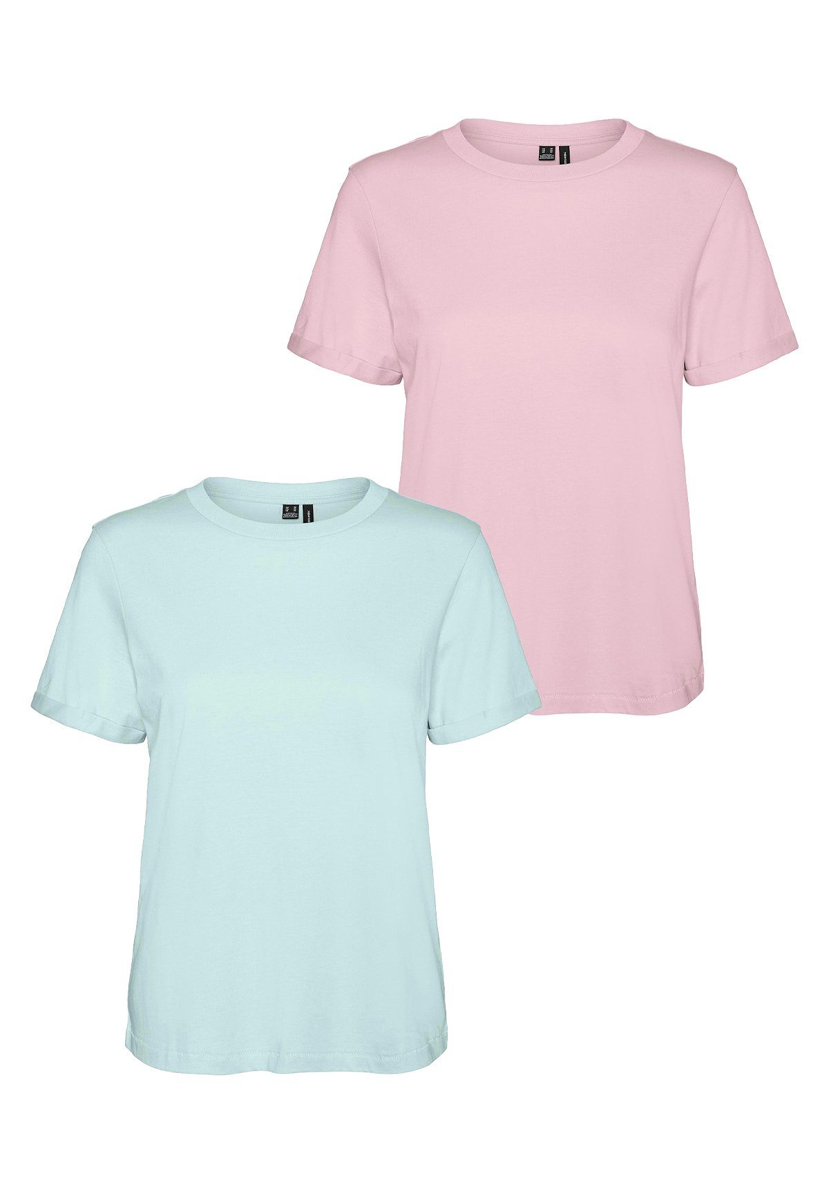 Vero Moda T-Shirt 2er Pack Basic T-Shirt VMPAULA (2-tlg) 5270 in Blau-Rosa