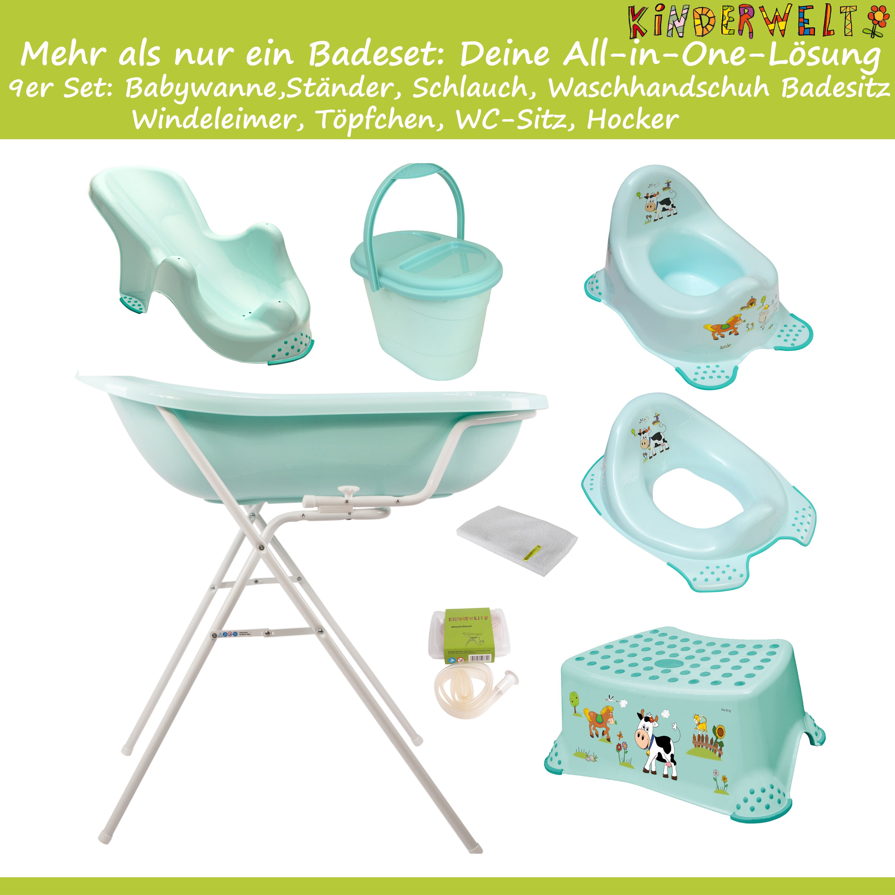 Thumbnail - KiNDERWELT Babybadewanne Funny Farm Babywanne + Ständer und mehr.., (Premium Set, 9-tlg)