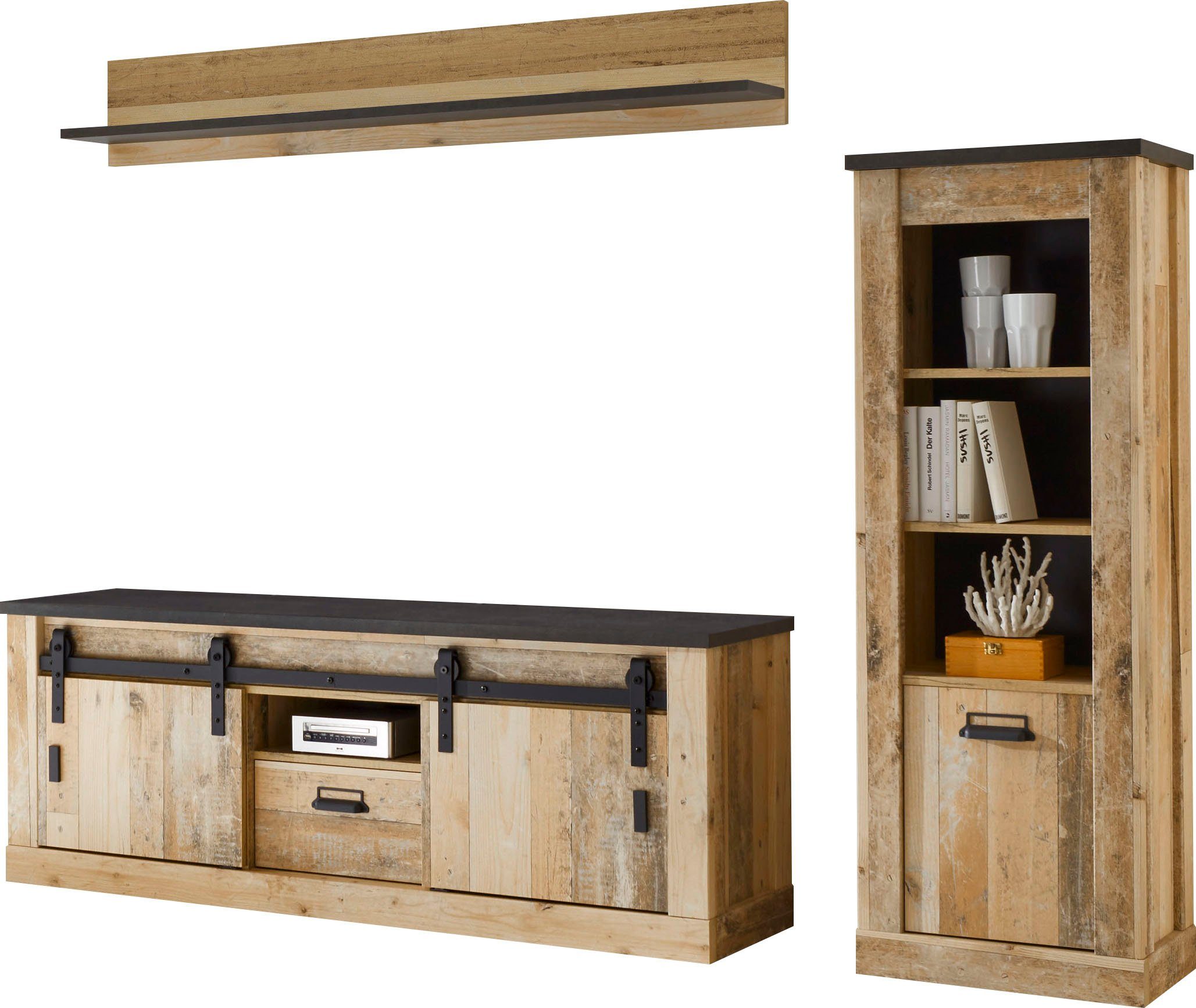 Home affaire Wohnwand Sherwood, Anbauwand im Industrial-Style, Komplettset, Wohnzimmer-Set, (3-St), enthält Regal, Lowboard &Wandboard, Scheunentorbeschlag Apothekergriff