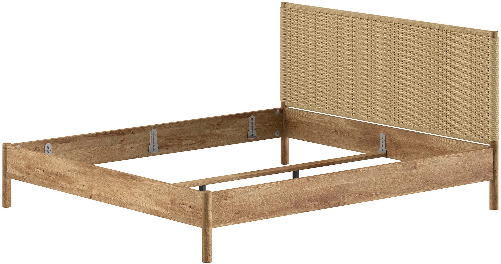Vipack Bettgestell Olive-M in zeitlosem Design, mit trendigem Kopfteil in Seilgeflecht (Bettseiten sind Eiche furniert, Füße in Eiche massiv, Farbe Natur), mit höhenverstellbarer Rahmenauflage, in 2 Breiten erhältlich