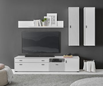 Furn.Design Wohnwand Merced, (Wohnzimmer Set in weiß matt mit schwarz, 4-St., 243 x 180 cm), mit Soft-Close Funktion, Staboptik