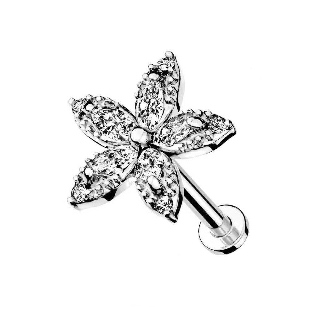 Piercing-Set Labret Piercing Stecker flach Kristall Blume Innengewinde Silber 6mm