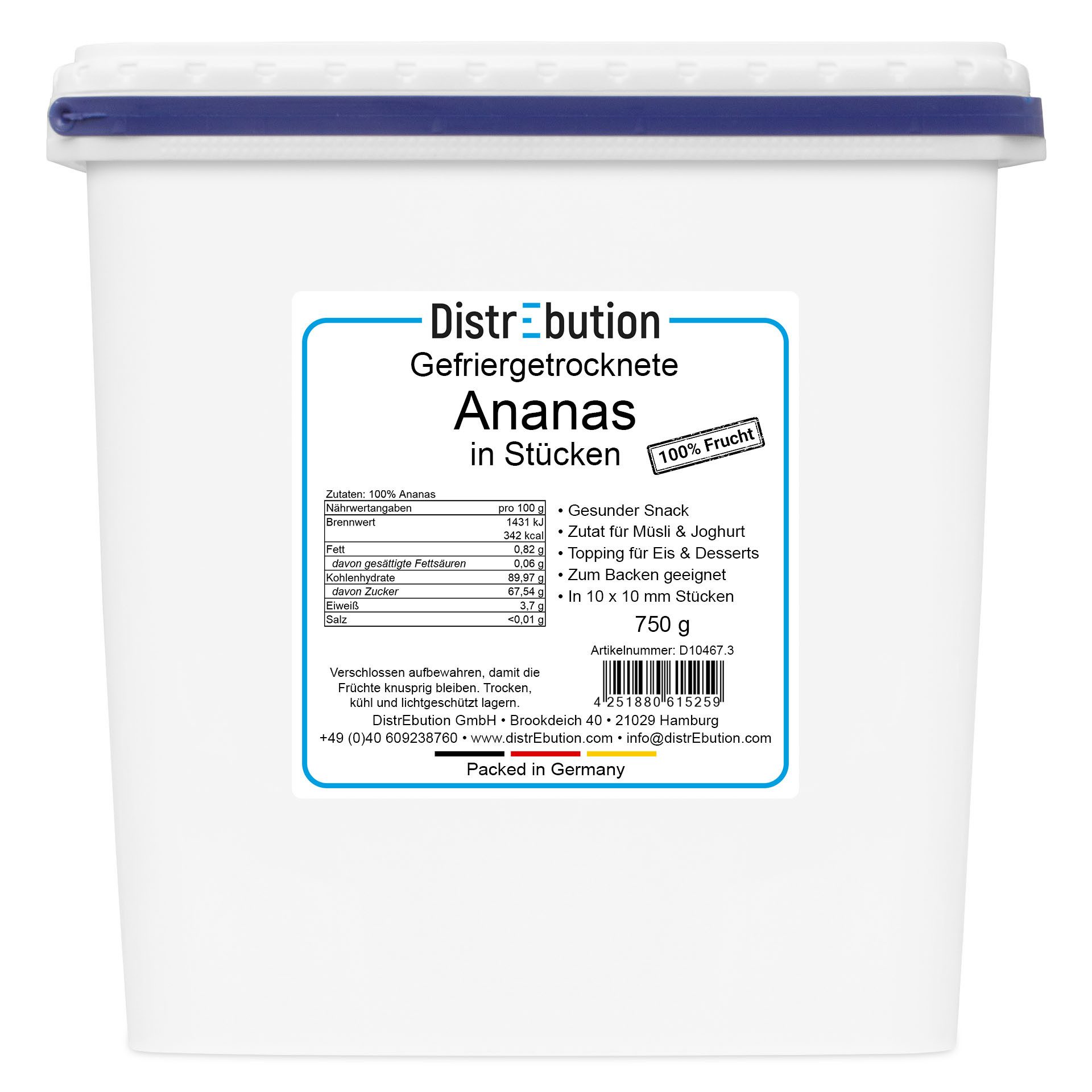 DistrEbution Trockenfrüchte Ananas Gefriergetrocknet 100% Frucht Ohne Zusatzstoffe, 750 g, Ohne Zuckerzusatz, künstliche Aromen oder Konservierungsstoffe