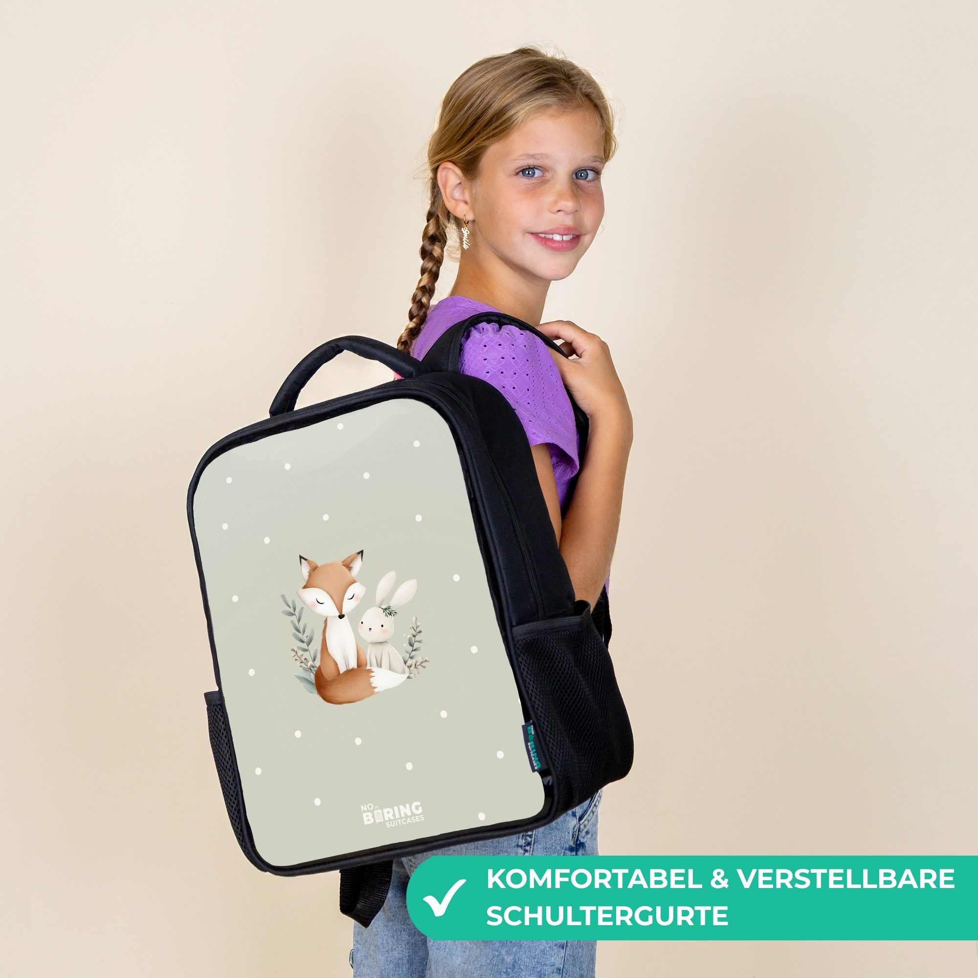 NoBoringSuitcases.com© Rucksack Fuchs und Kaninchen umgeben von grünen Blättern und Punkten, Kinderrucksack Schwarz, Schulrucksack, Freizeitrucksack Jungen Mädchen