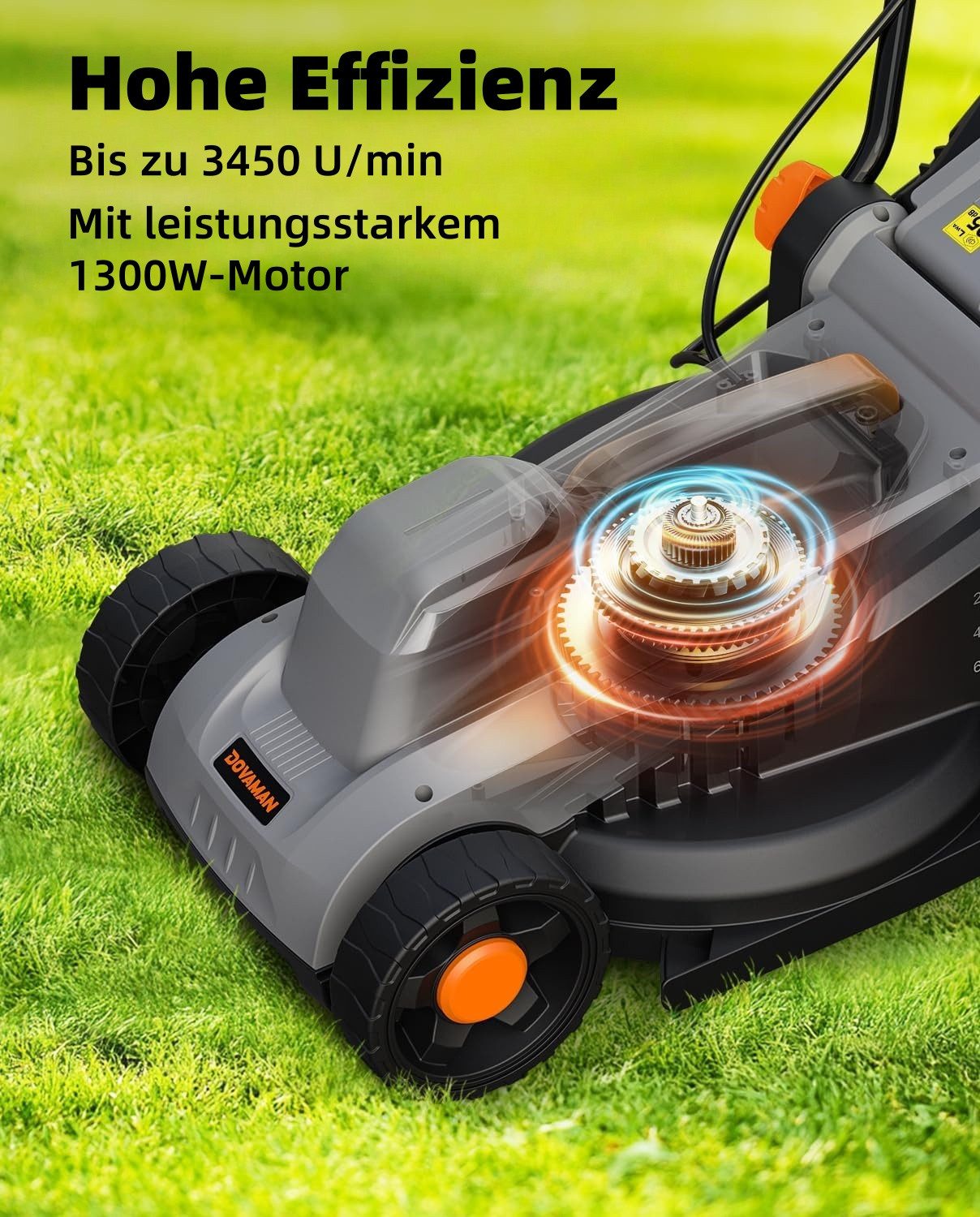 DOVAMAN Electric Lawn Mower 1300W, 33cm Cutting Width, 3-Position Height Adjustable, 95% Grass Collection Rate
