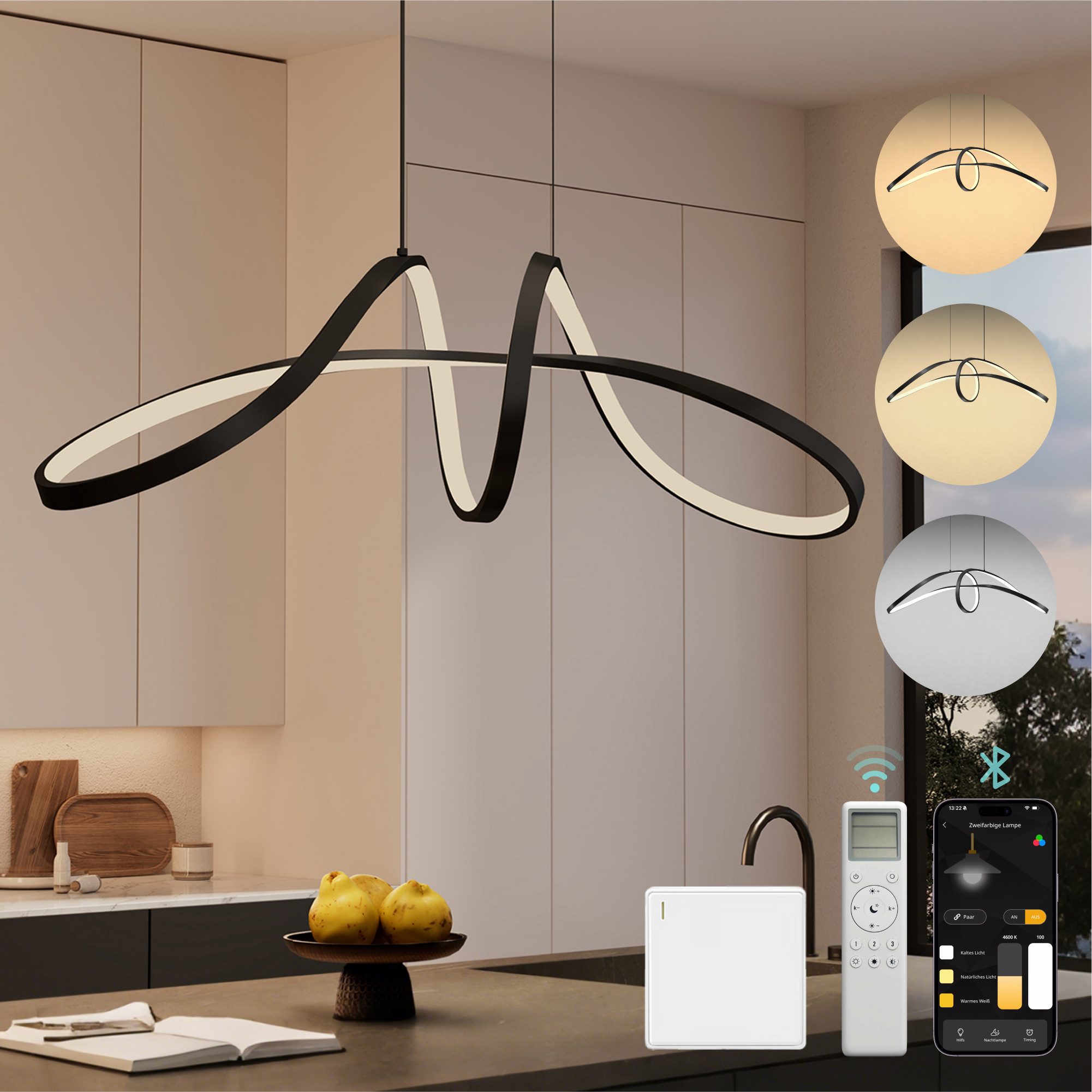 Mai & Mai LED Pendelleuchte Hängelampe Verstellbares Kabel CRI ≥ 80 180 LEDs/m Luvina11, Dynamisches Wellendesign LED-Lichtquelle Höhenverstellbar bis 1,2 m