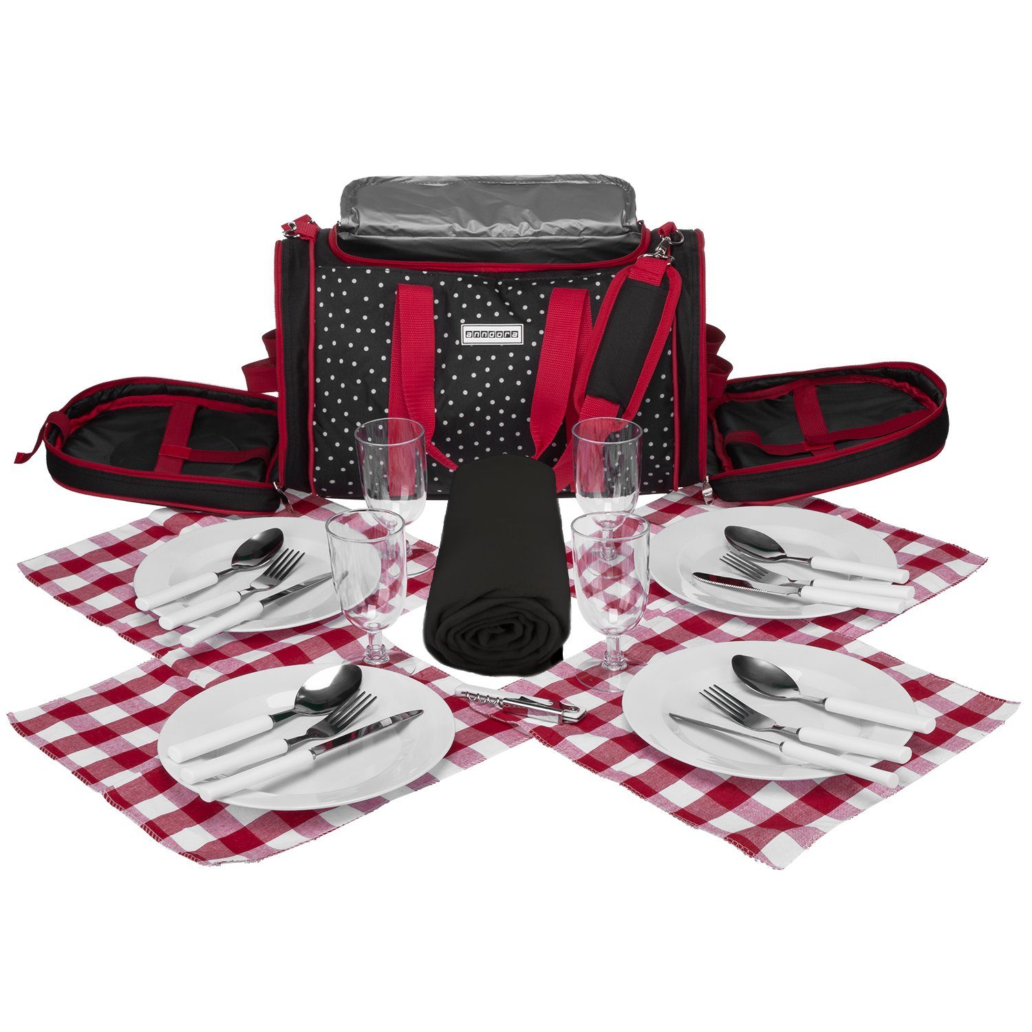 anndora Picknickkorb Kühltasche inkl. Outdoordecke + 20 tlg. Zubehör f. 4 Personen, gepolsterter Tragegurt - zusammenlegbare Outdoordecke