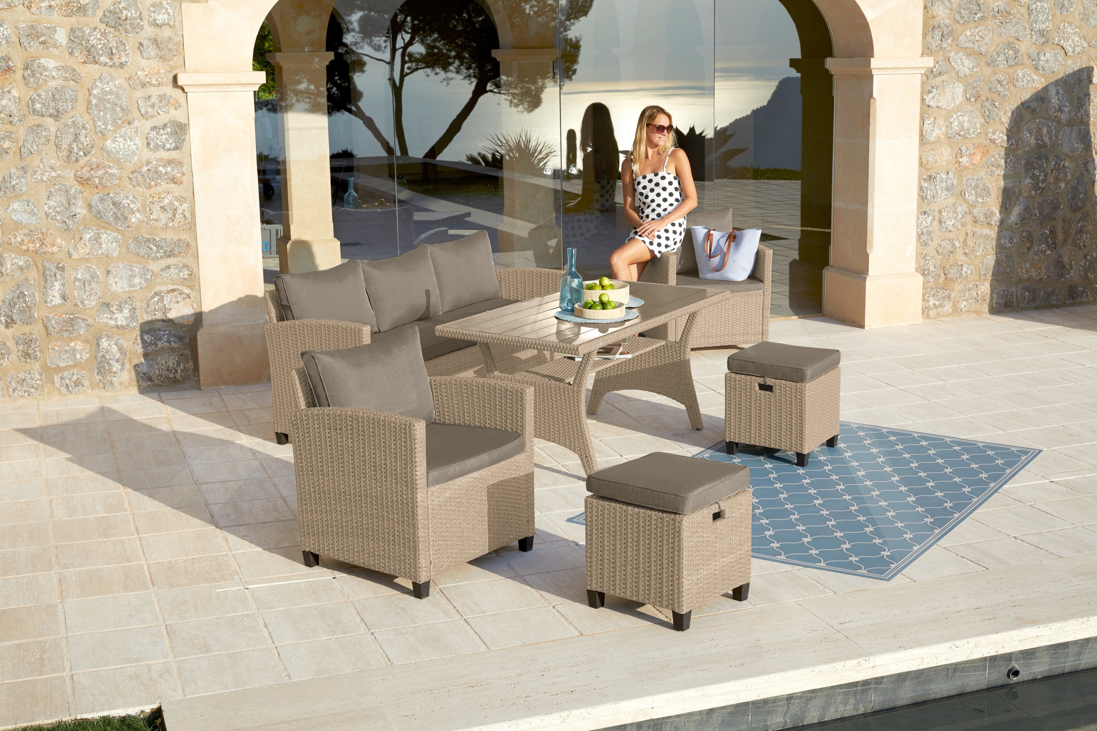 KONIFERA Gartenlounge-Set Amsterdam, (Set, 16-tlg., 1x 3er Sofa, 1x 2 Sessel, 2x Hocker, 1xTisch 144,5x74x67cm,Polyrattan), Stahl, Ablagefläche unter dem Tisch, Loungeset