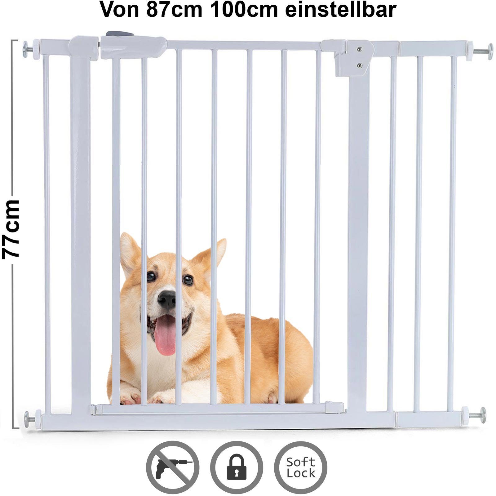RAMROXX Treppenschutzgitter Absperrgitter Treppenschutz Metall weiß verstellbar 87 -100cm 77cm