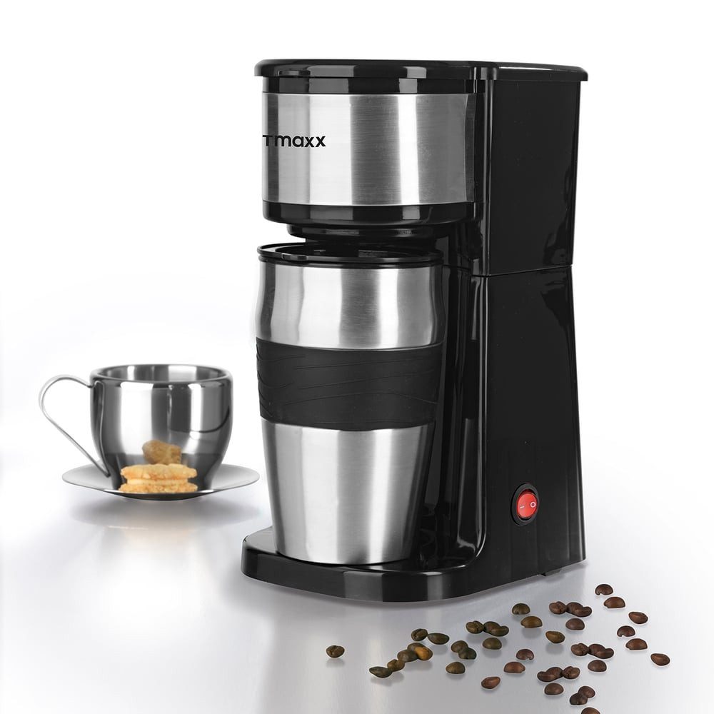 GOURMETmaxx Filterkaffeemaschine GOURMETmaxx Edelstahl-Kaffeemaschine Thermobecher in Schwarz, 0.01l Kaffeekanne, Single inkl. Thermobecher