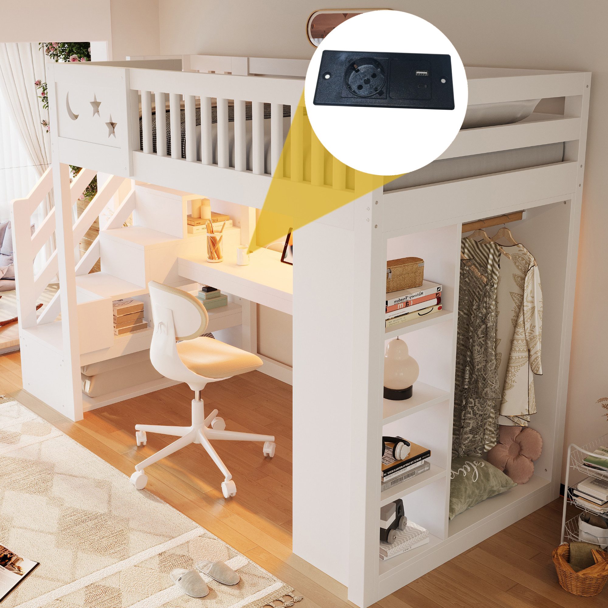 i@home Hochbett Aus Holz-Hochbett,Multifunktionsbett,Loft-Bett,mit Stauraum,90x200cm mit Schreibtisch,LED-Beleuchtung,Steckdose,Kleiderschrank,Weiß – Bild 3 von 5