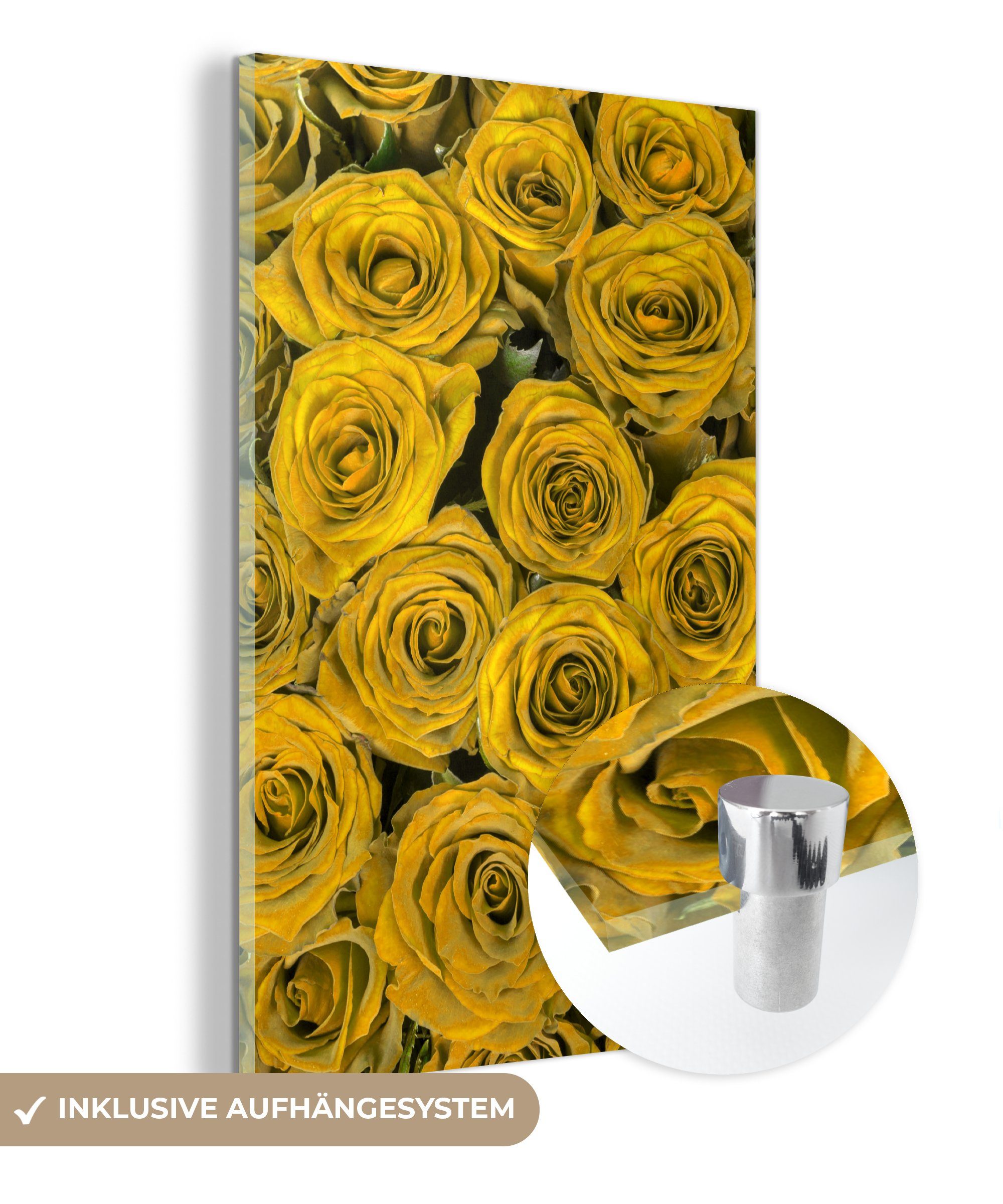 (1 Gelb, auf Glasbilder MuchoWow - Glas - - Acrylglasbild Glas Wandbild auf - Bilder Wanddekoration Blumenstrauß - St), Rosen Foto