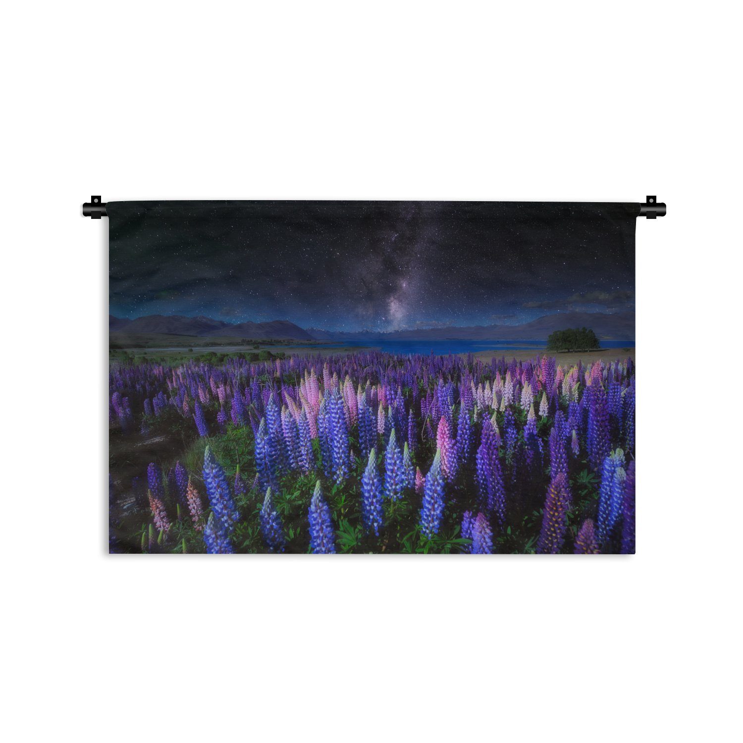 - Lila - Kinderzimmer für Wohnzimmer, - Wandbehang, Schlafzimmer, MuchoWow - Kleid, Wanddeko Wanddekoobjekt Lupine - Blumen Nacht Natur, Sternenhimmel