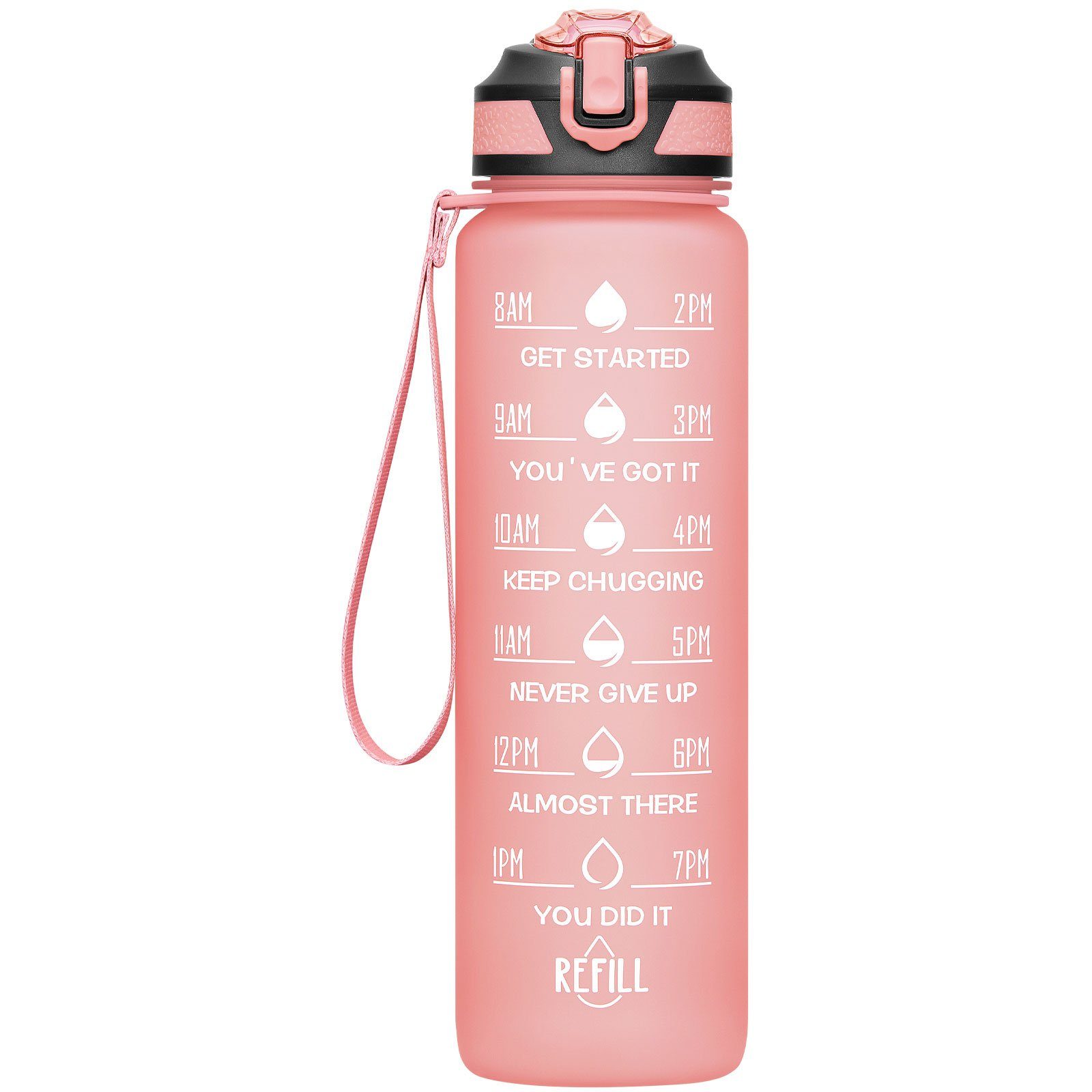 WISHDOR Trinkflasche Sport Wasserflasche Sportflasche Auslaufsicher 1 Liter BPA-Frei 1L, Zeitmarkierung und Strohhalm Fitness Outdoor Camping Fahrrad Wandern Pink