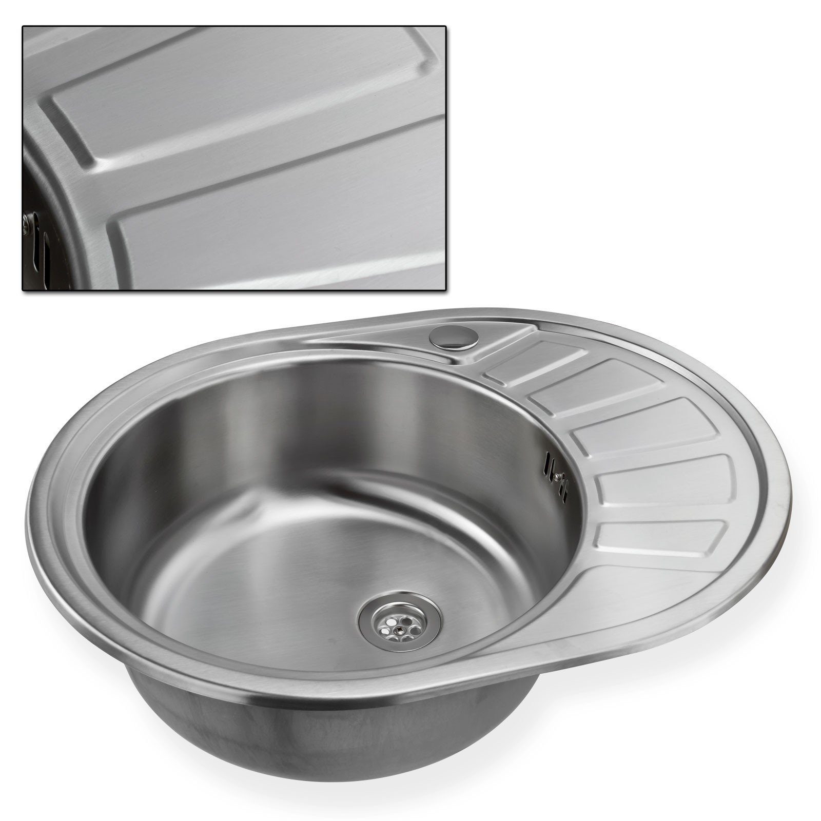 Stabilo Sanitär Edelstahlspüle Einbauspülbecken Chrom rund aus Edelstahl mit Abtropffläche, 58/45 cm, (Komplett-Set, inklusive Zubehör), Spüle ist Rost-und Hitzebeständig