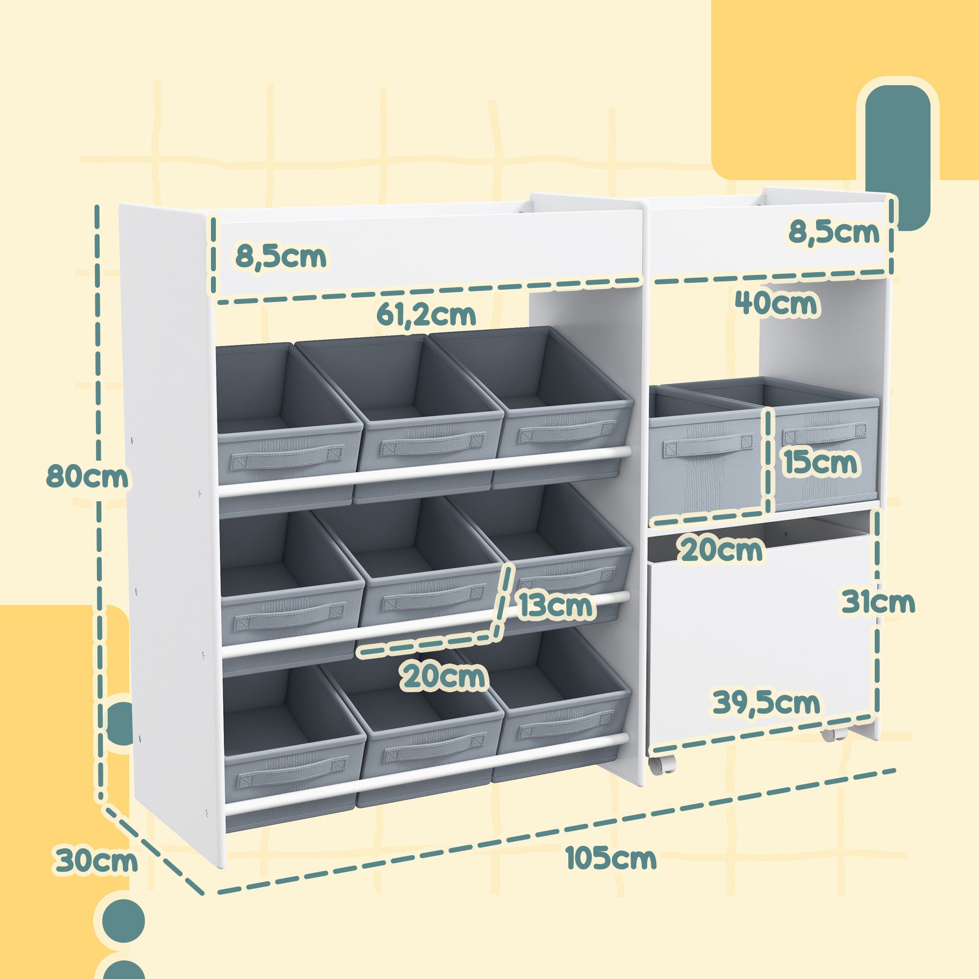 AIYAPLAY Spielzeugtruhe Spielzeug-Organizer, 11 Boxen, Kinderzimmerregal obere Fächer (Kinderregal, 1 St., Kinder Bücherregal), für Kinderzimmer, Kindergarten, 105 x 30 x 80 cm, Weiß