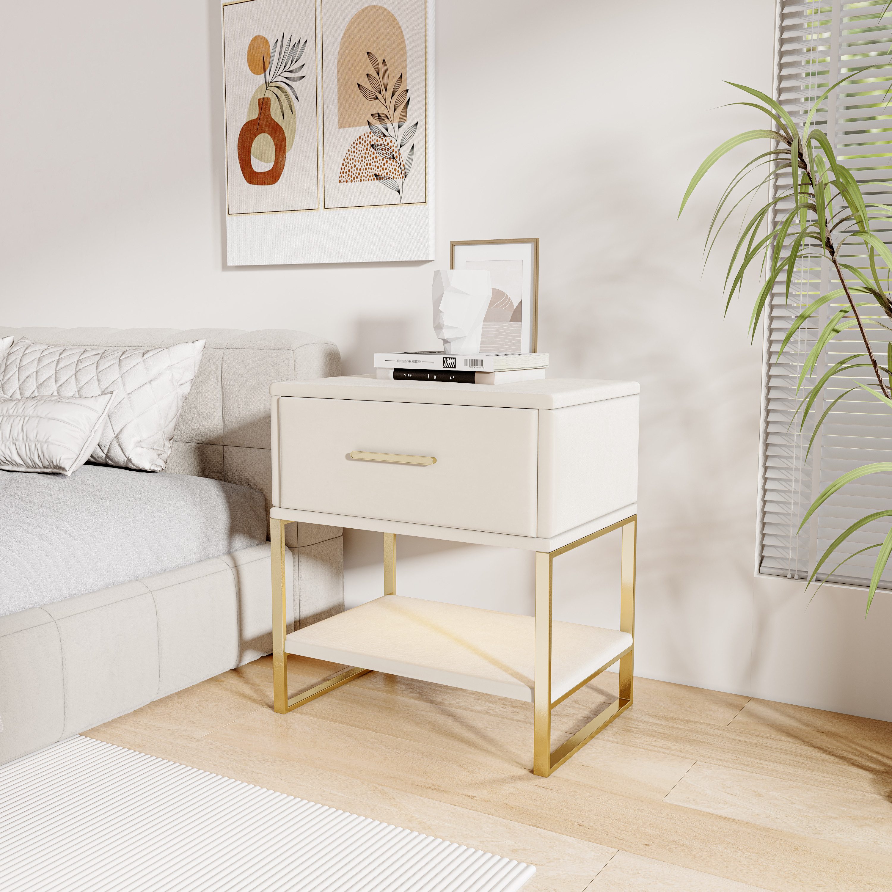 FUROKOY Nachttisch 2er set Nachtschrank mit Schubladen, Beistelltisch mit Metallbeine (Sofatisch Beistelltisch mit 1 Schubladen, Beige Samt), Schubladenschrank für Schlafzimmer Flur Wohnzimmer, 40 x 31 x 50 cm
