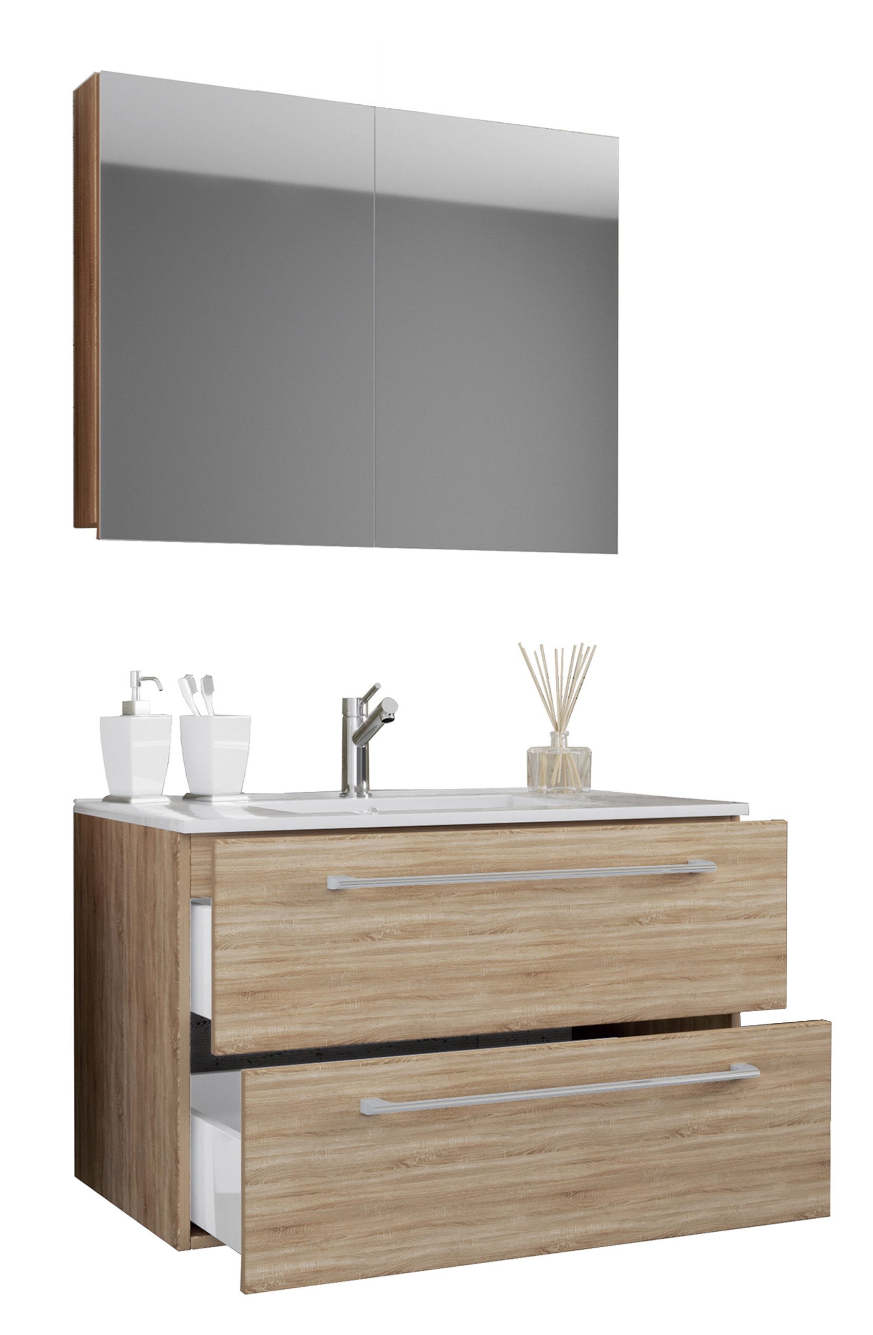 VCM Waschtisch 3 teilig Badmöbel-Set Waschplatz Badinos (Set, 3-St., 1x Unterschrank 1x Waschbecken 1x Spiegel), 3-tlg. Waschplatz, Waschbecken Unterschrank Breite 80 cm, Badmöbel